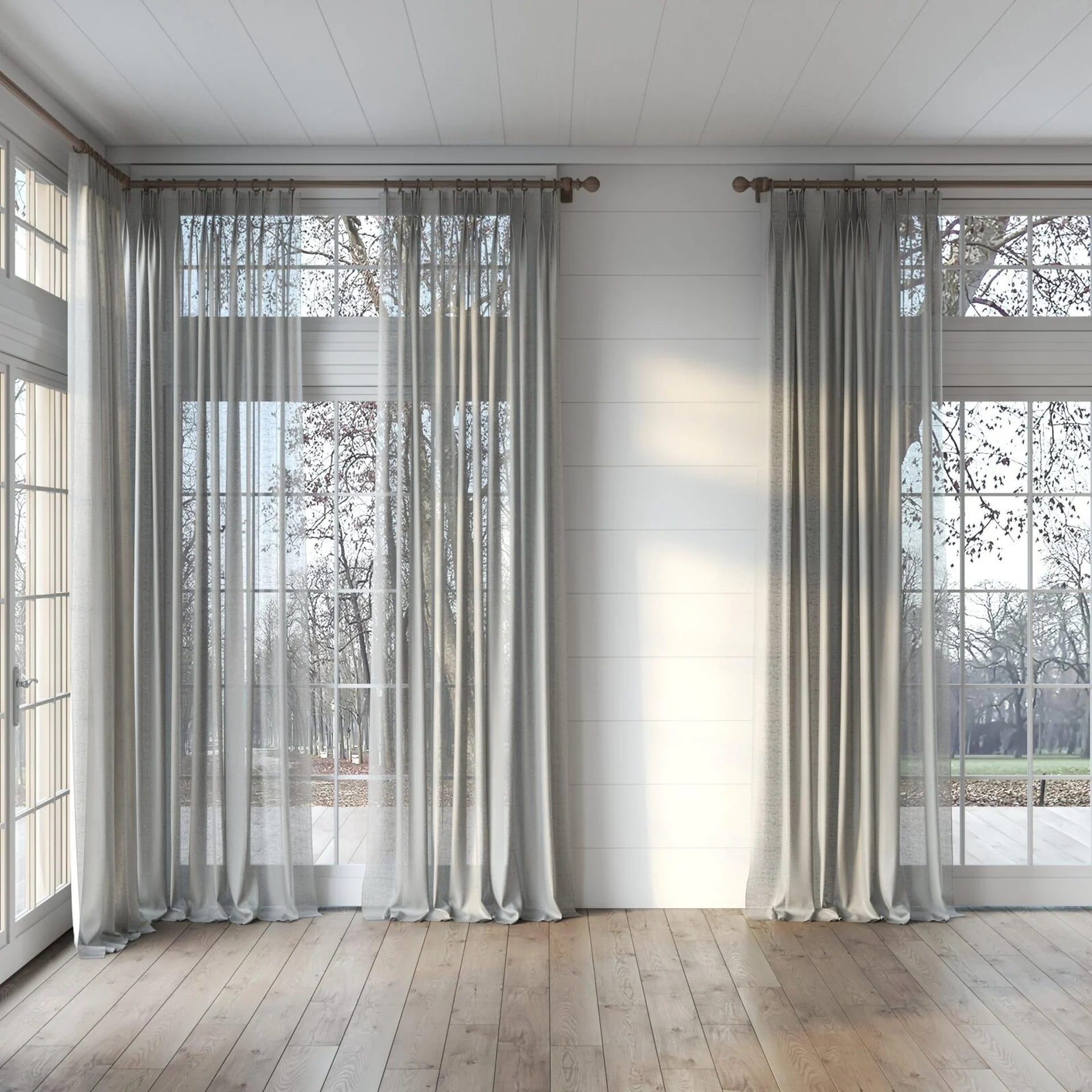 Full view of Kanso Stonewash Sable, puddled, on curtain rod