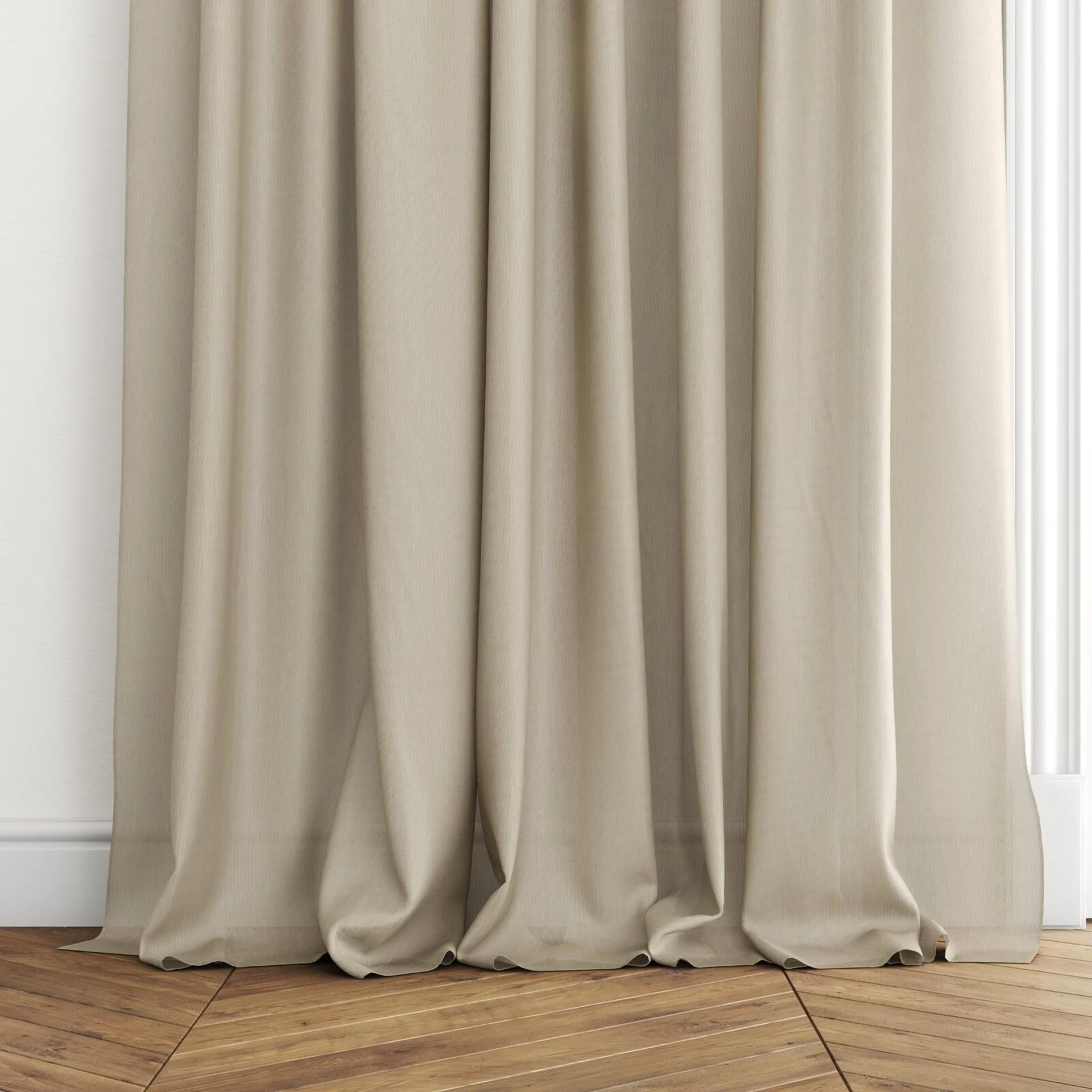 Bottom view of Jaba Beige, puddled with pinch pleat, on curtain rod