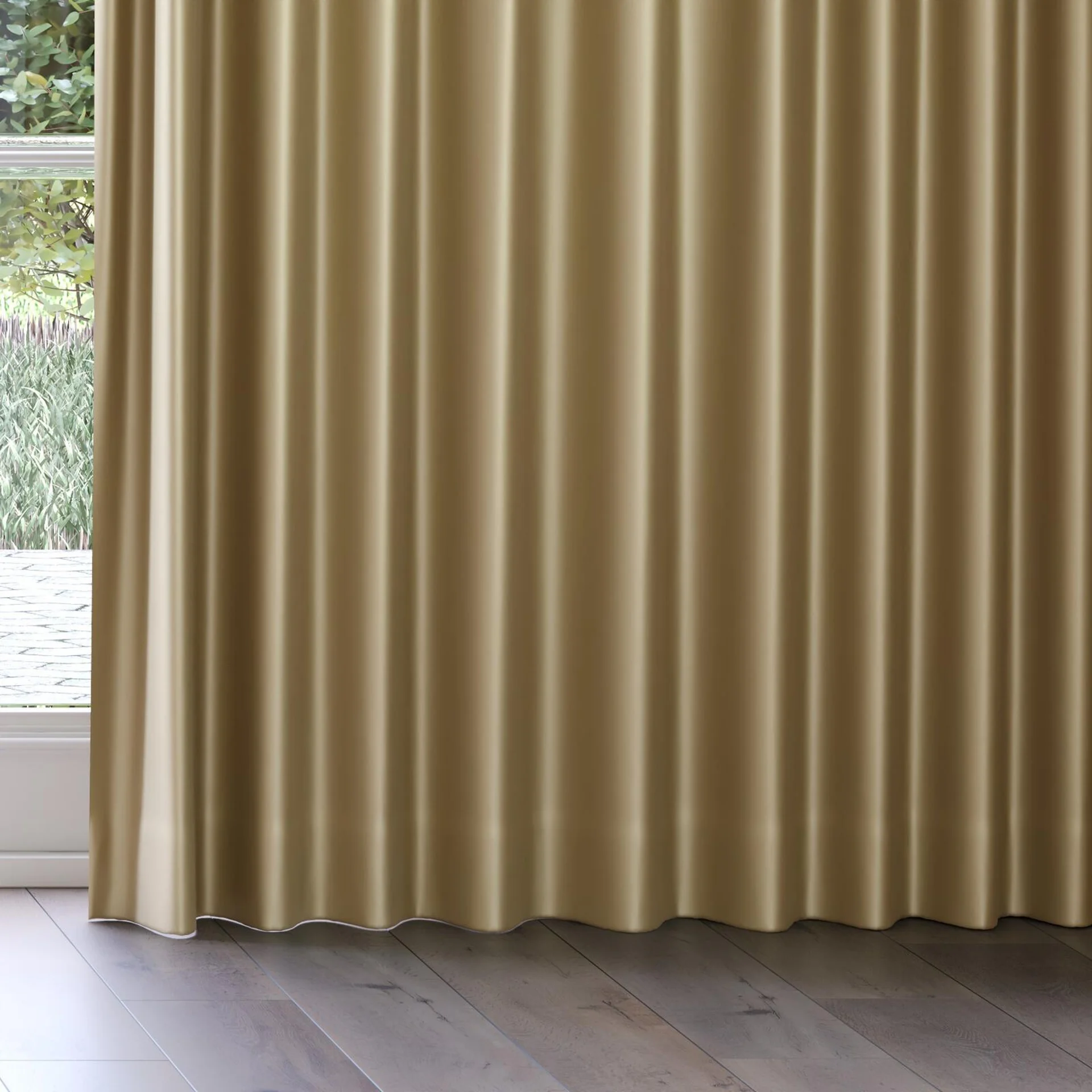 Bottom view of Moonbeam Oatmeal, on curtain rail