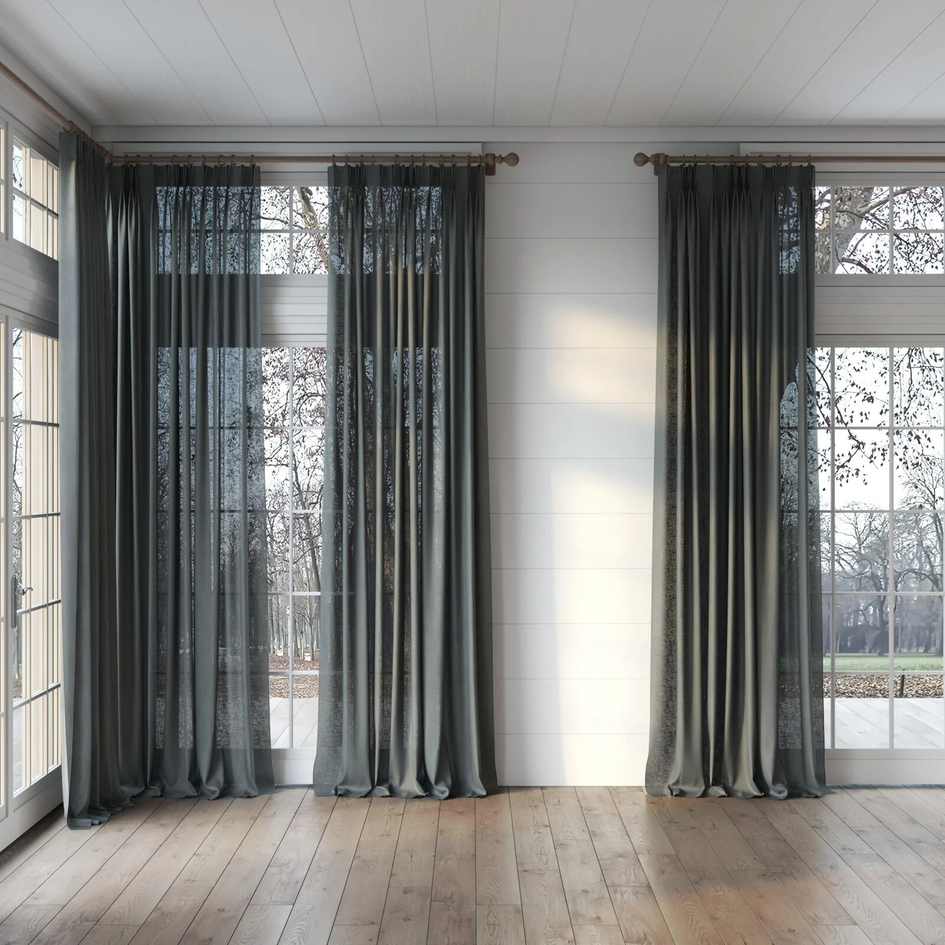 Full view of Lucidity Charcoal, puddled, on curtain rod