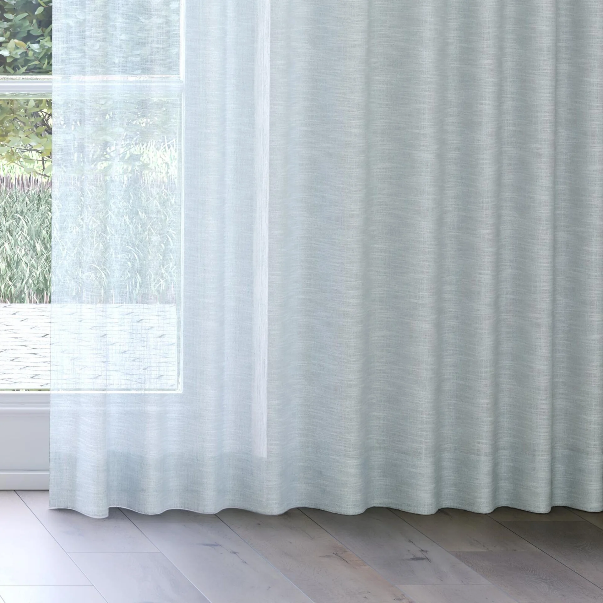 Bottom view of Occurrence Aqua, on curtain rail