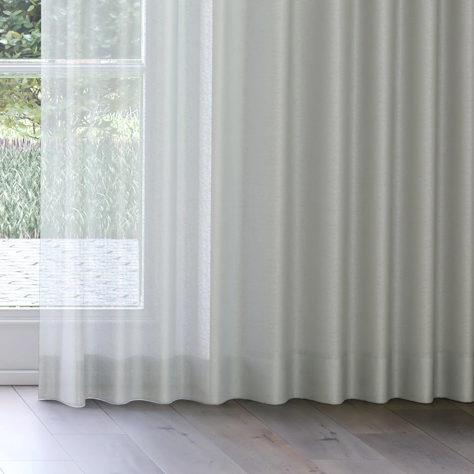 Bottom view of Kanso Stonewash Willow, on curtain rail