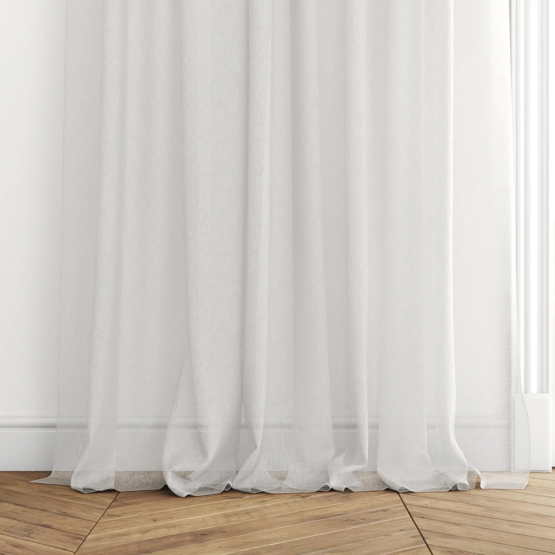 Bottom view of Tempest Calico, puddled with pinch pleat, on curtain rod
