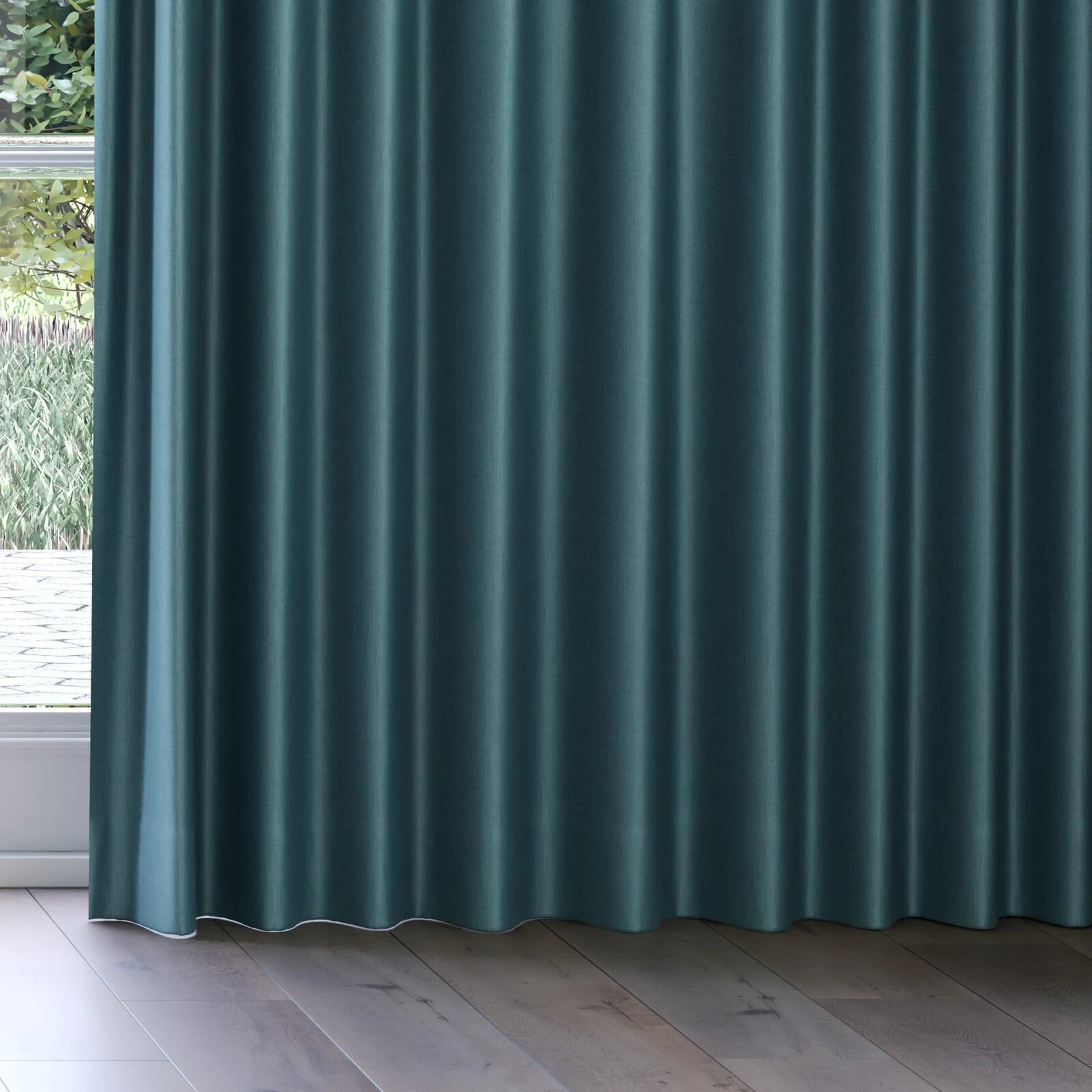 Bottom view of Matrix Teal, on curtain rail