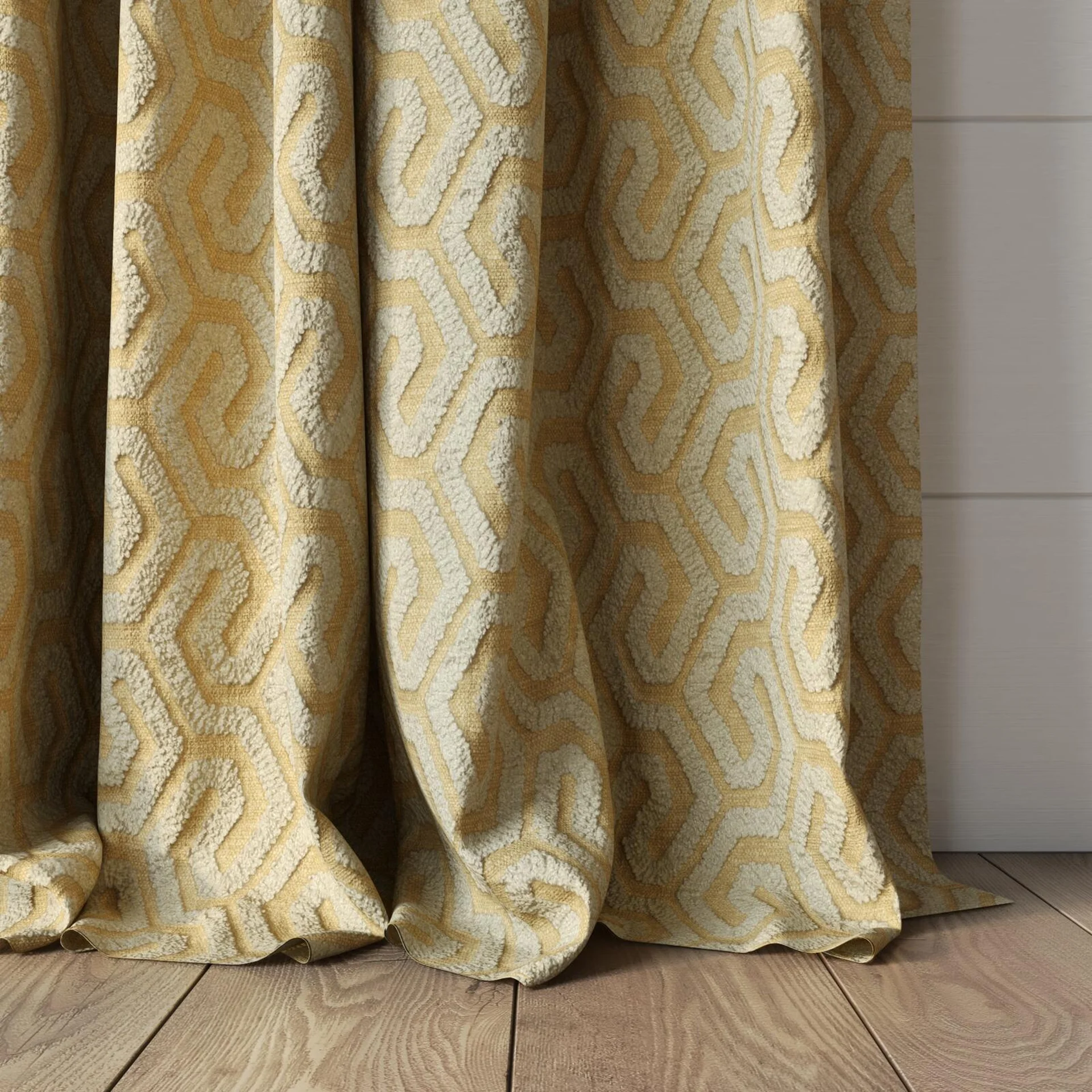 Bottom view of Comdeca Dune, puddled, on curtain rod