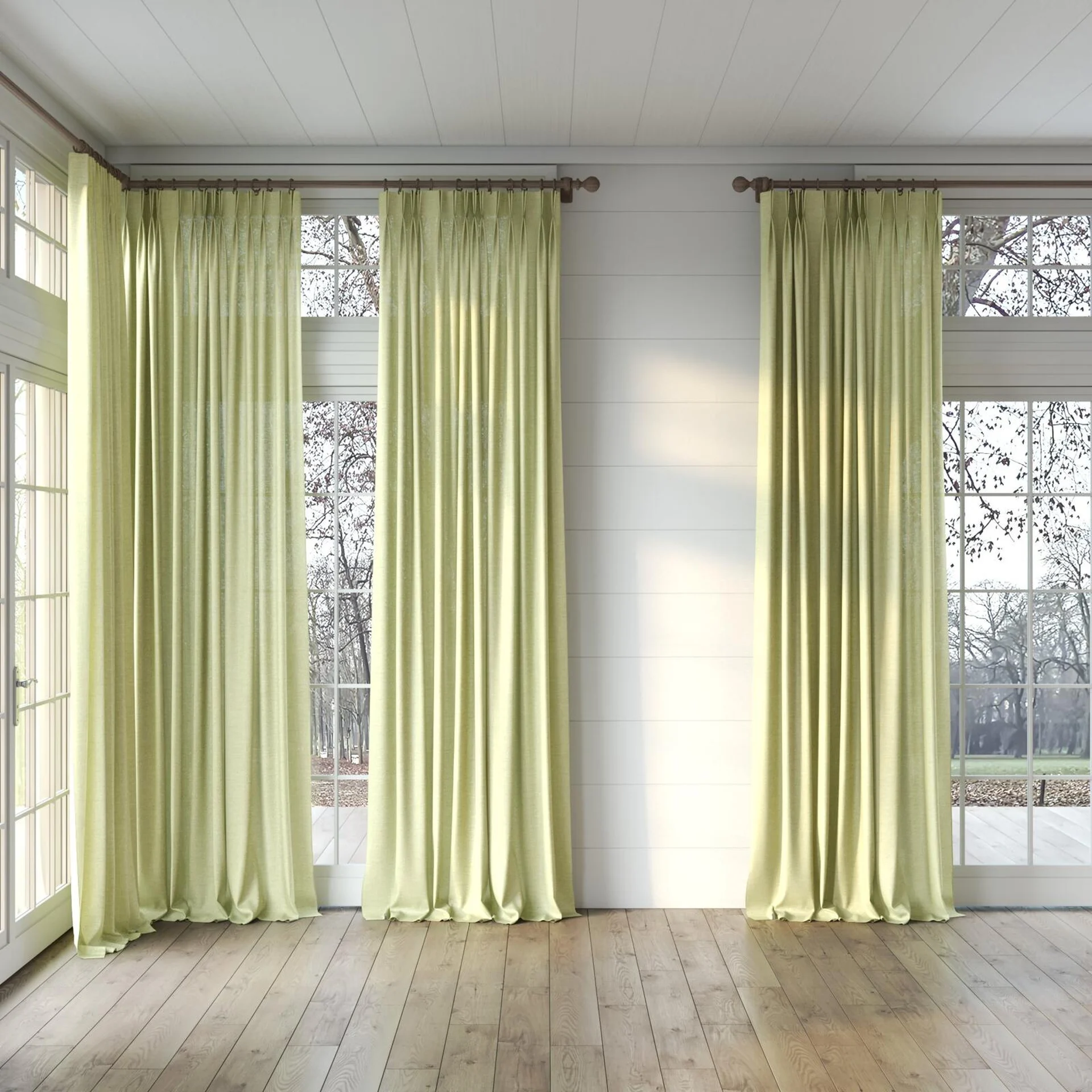 Full view of Motion Moss, puddled, on curtain rod