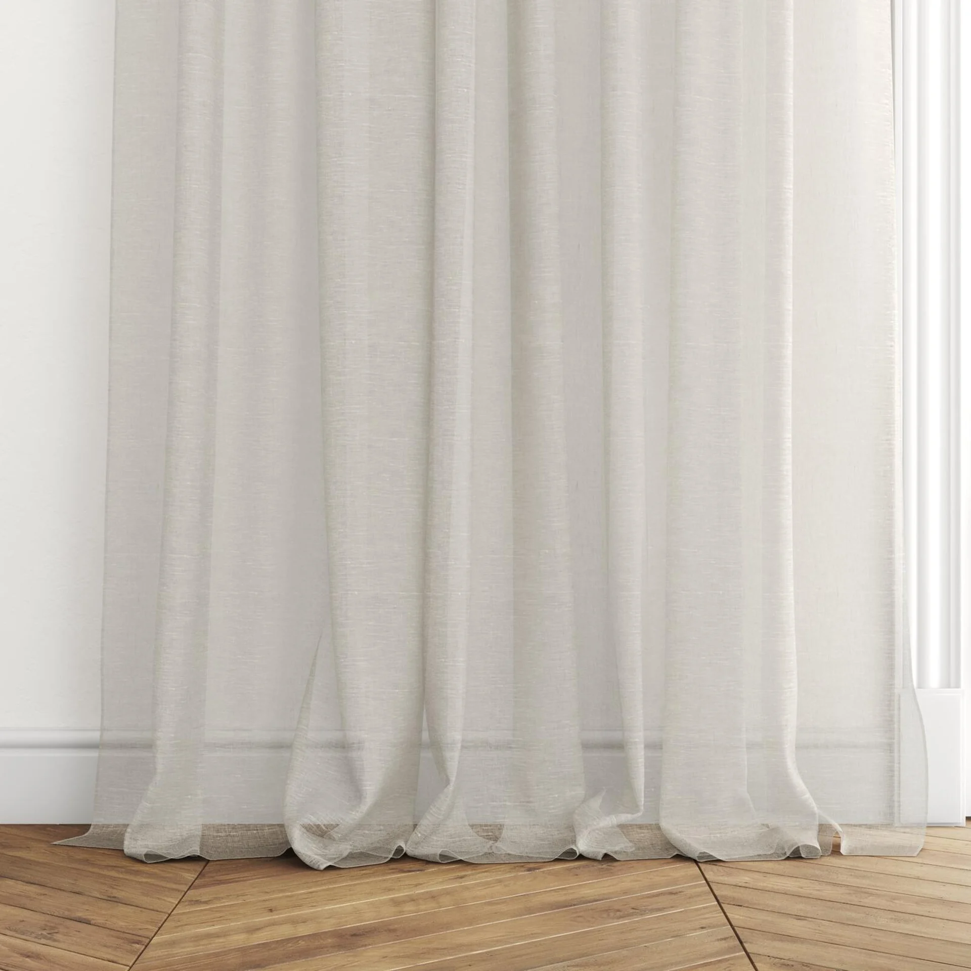 Bottom view of Pure Linen Linen, puddled with pinch pleat, on curtain rod