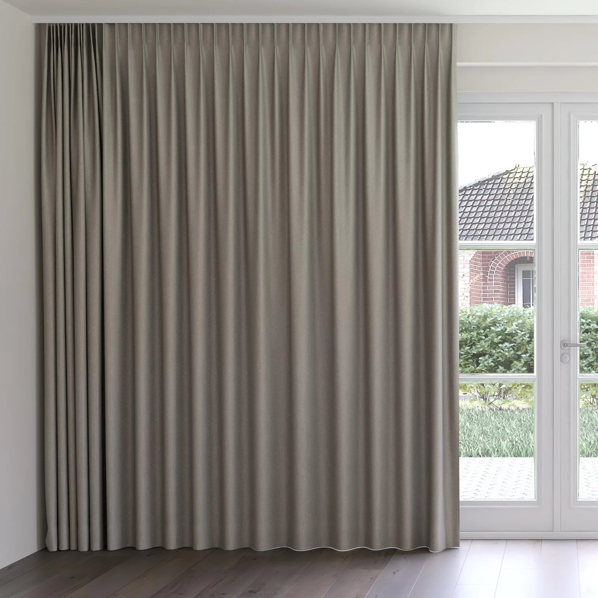 Front view of Grove Pewter, on curtain rail