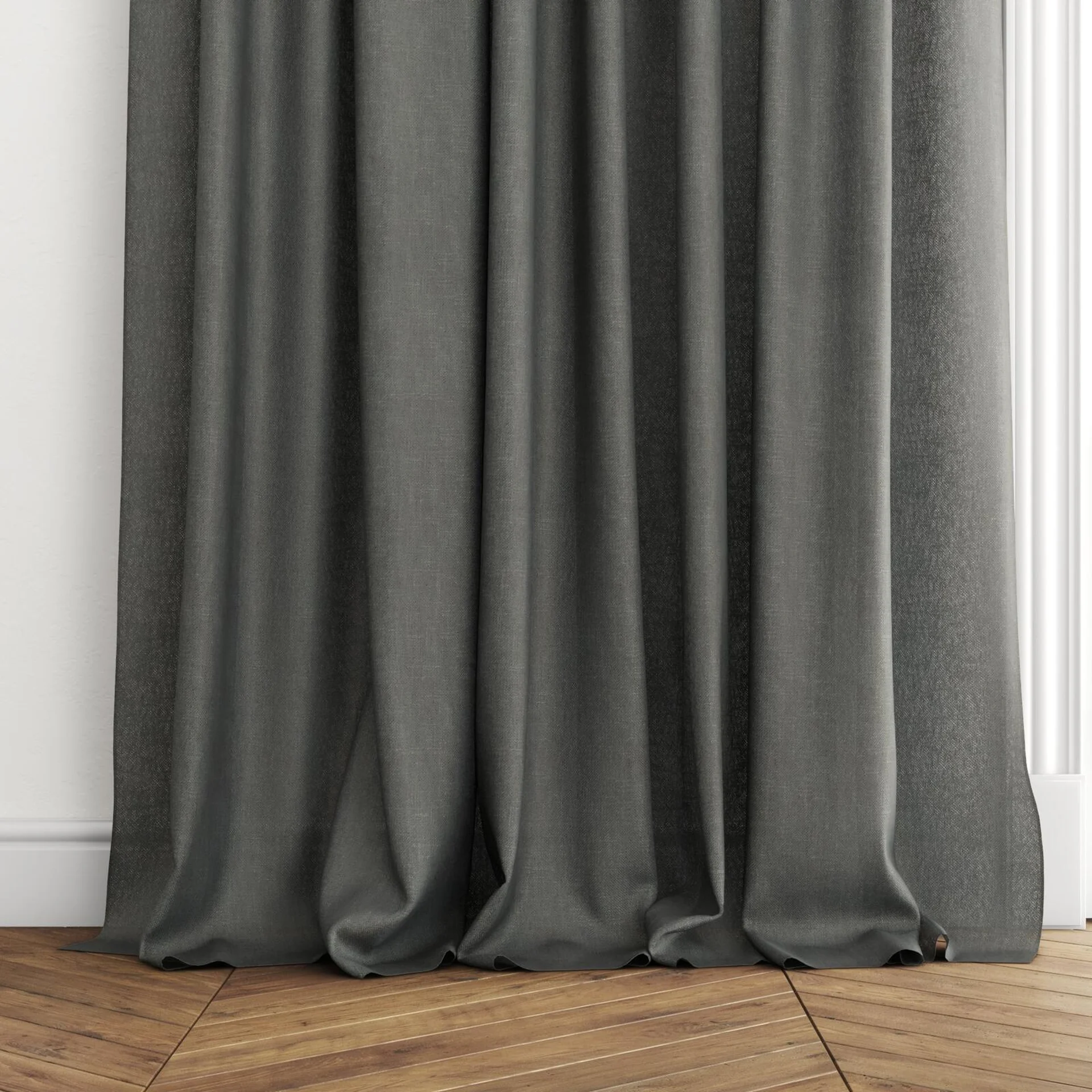 Bottom view of Lucidity Charcoal, puddled with pinch pleat, on curtain rod