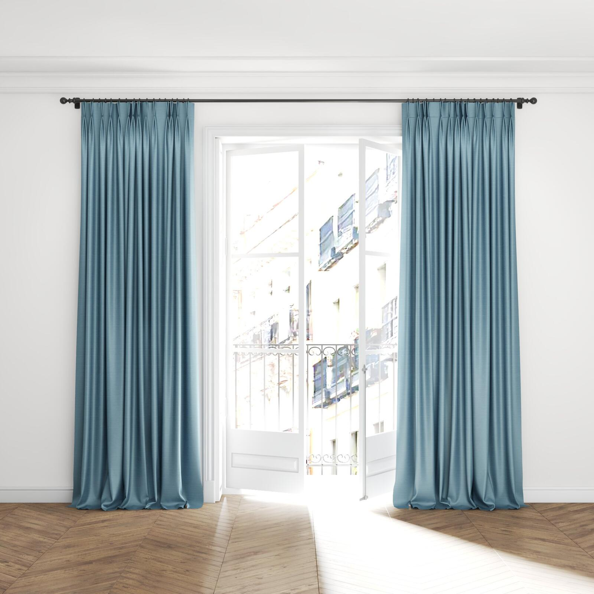 Full view of Silky Spa, puddled with pinch pleat, on curtain rod