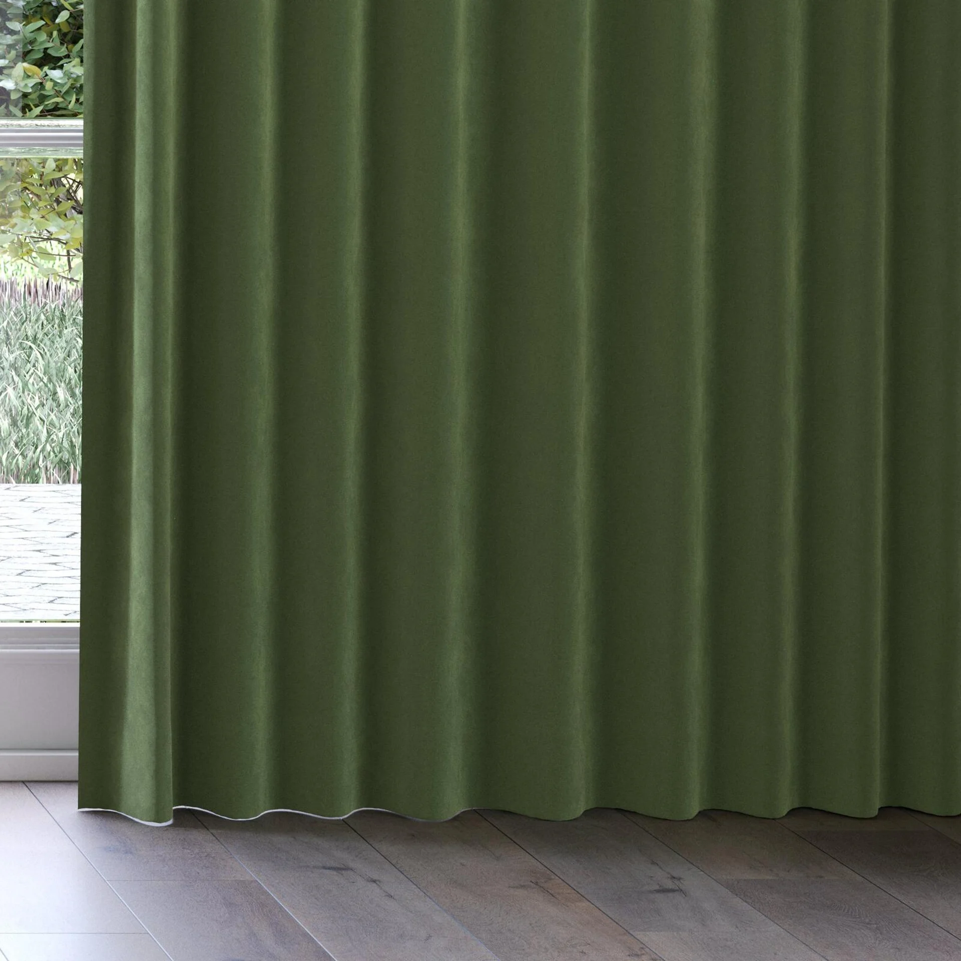 Bottom view of Lux Velvet Forest 8104, on curtain rail