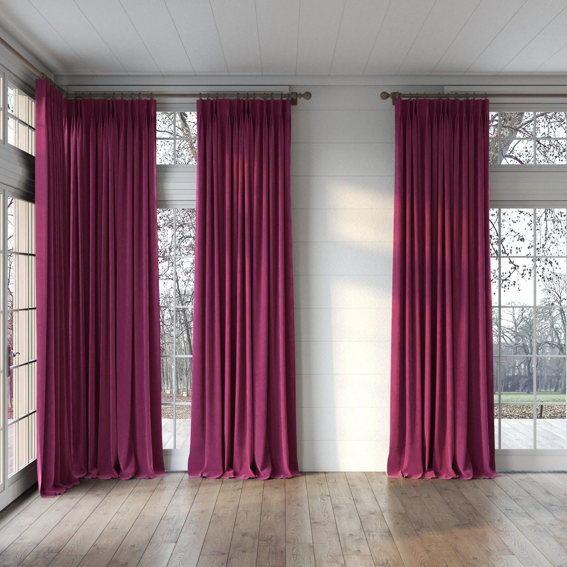 Full view of Lux Velvet Bordeaux 8603, puddled, on curtain rod