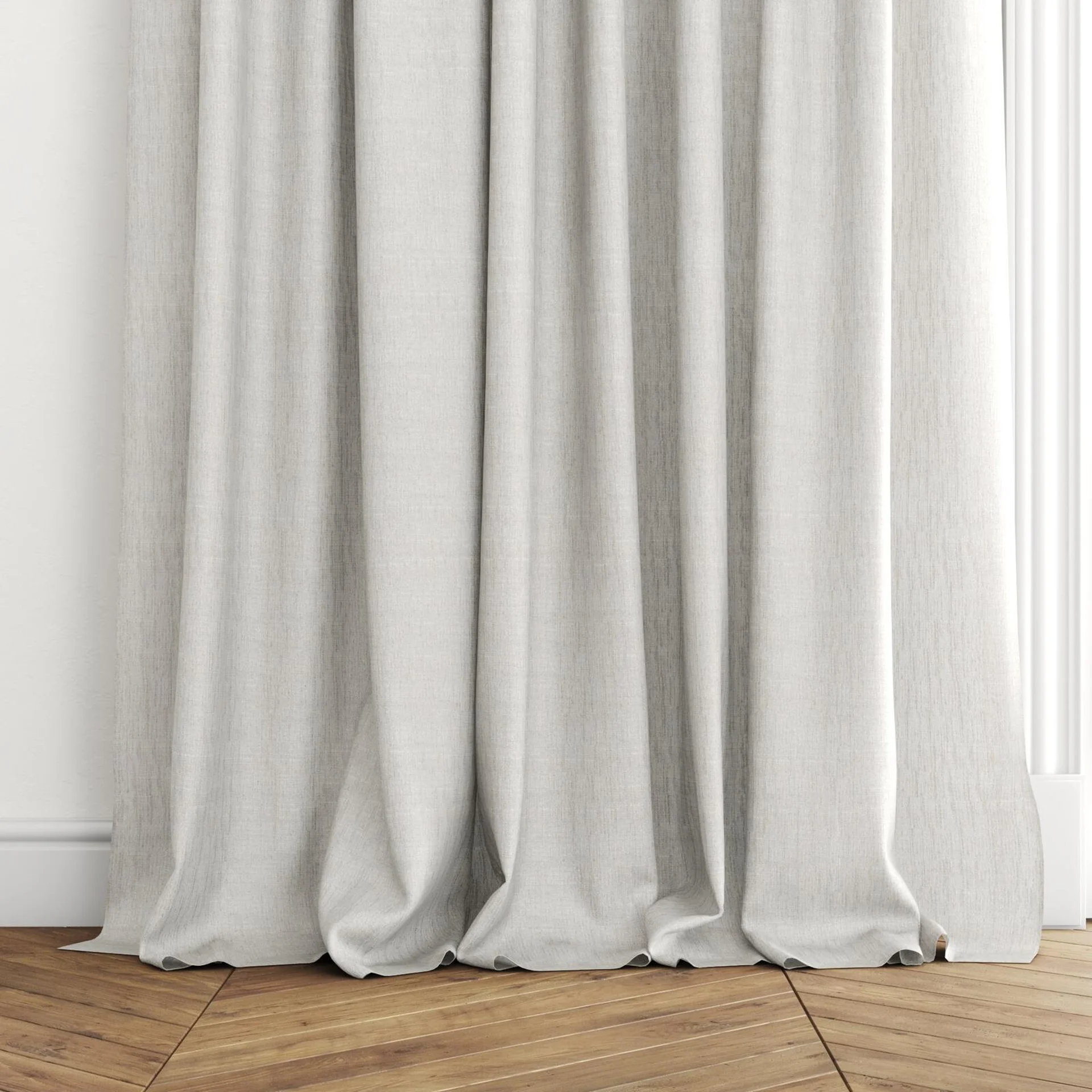 Bottom view of Elisabeth Sand, puddled with pinch pleat, on curtain rod