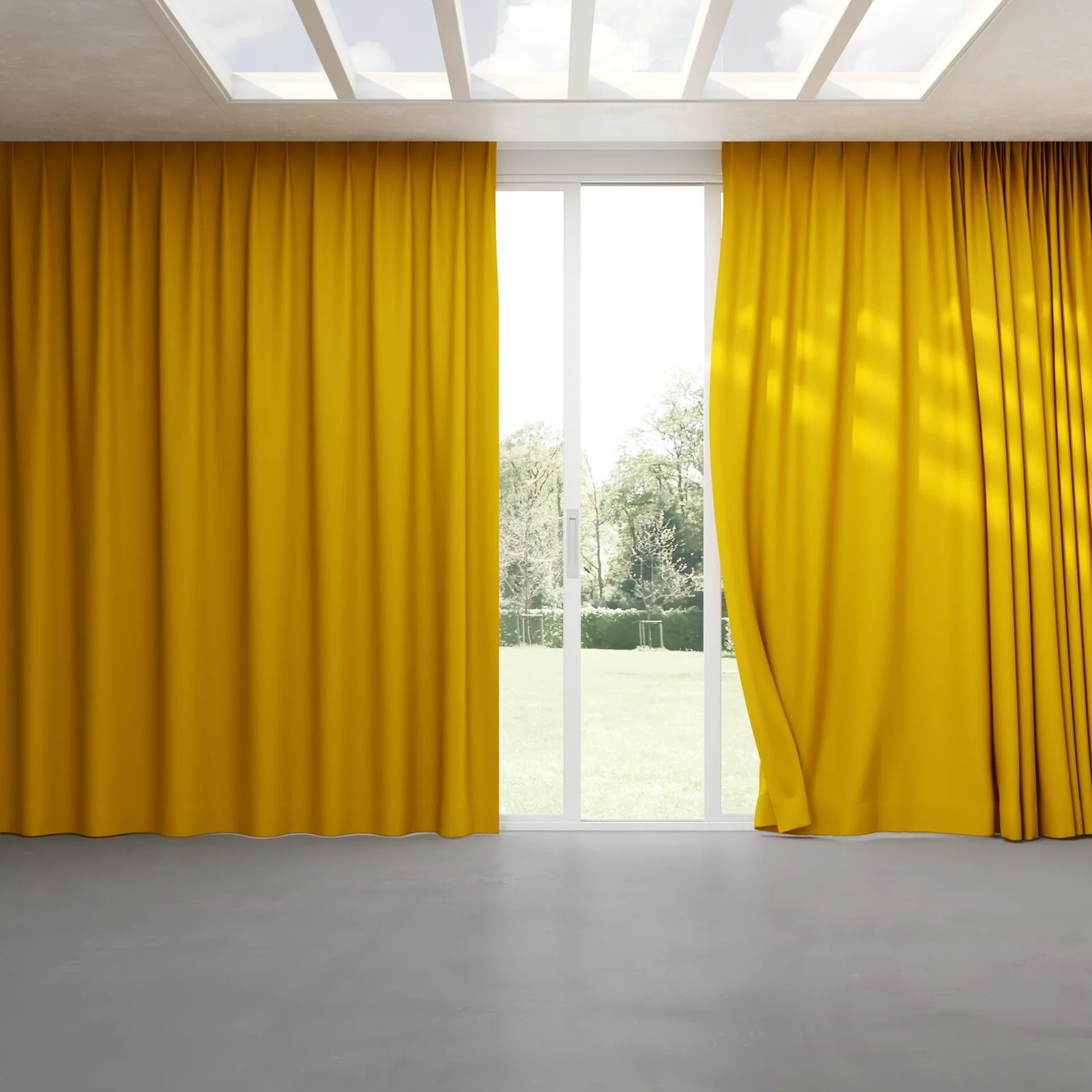 Full view of Vela Mustard, pinch pleat