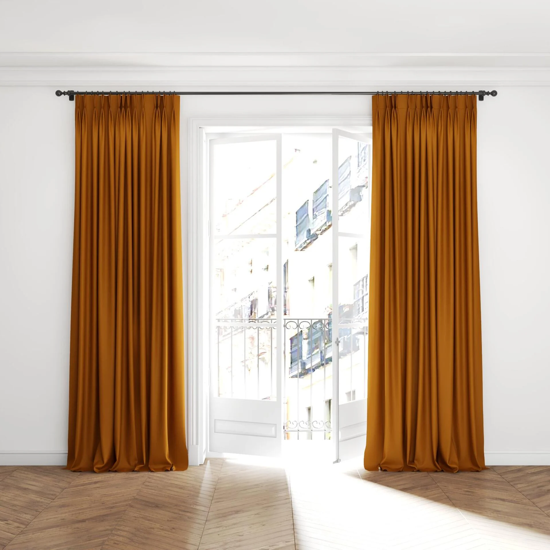 Full view of Woolskin Autumn, puddled with pinch pleat, on curtain rod