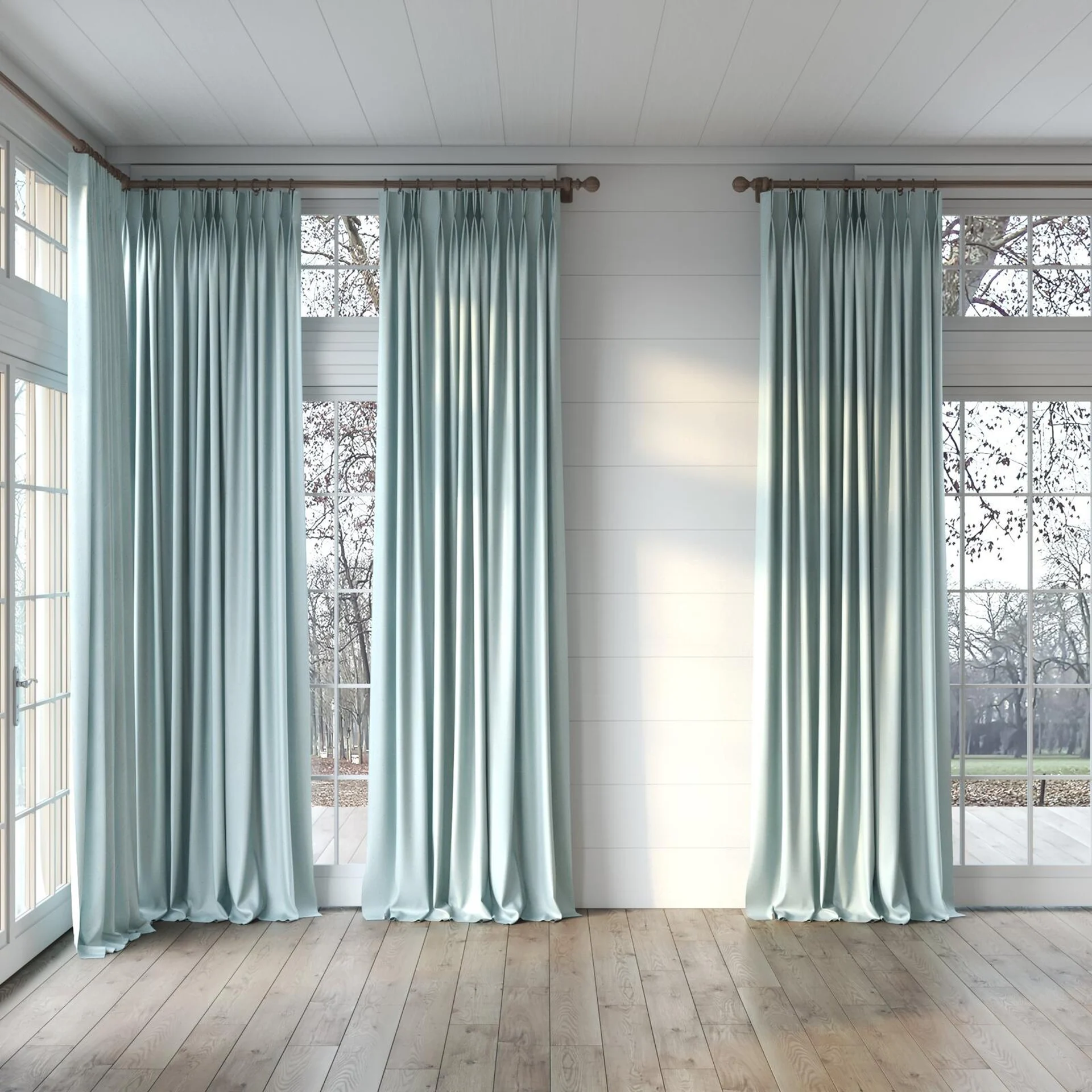 Full view of Umbra Duckegg, puddled, on curtain rod