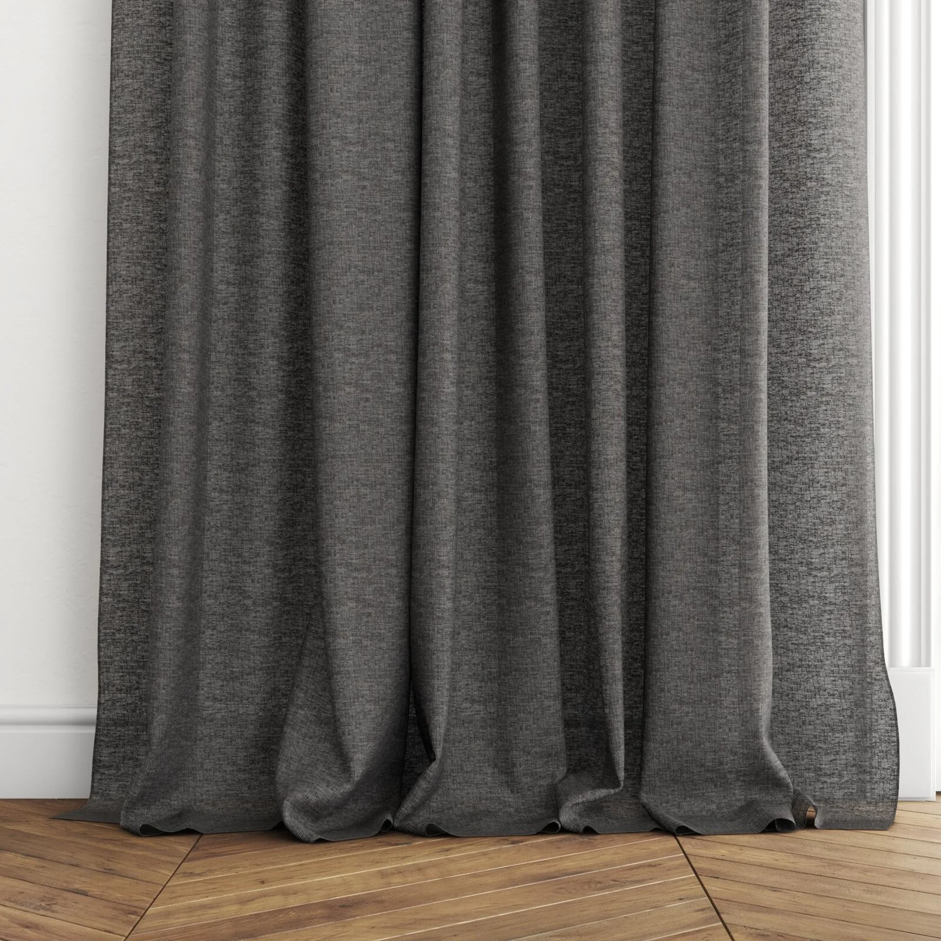 Bottom view of Shoji Charcoal, puddled with pinch pleat, on curtain rod
