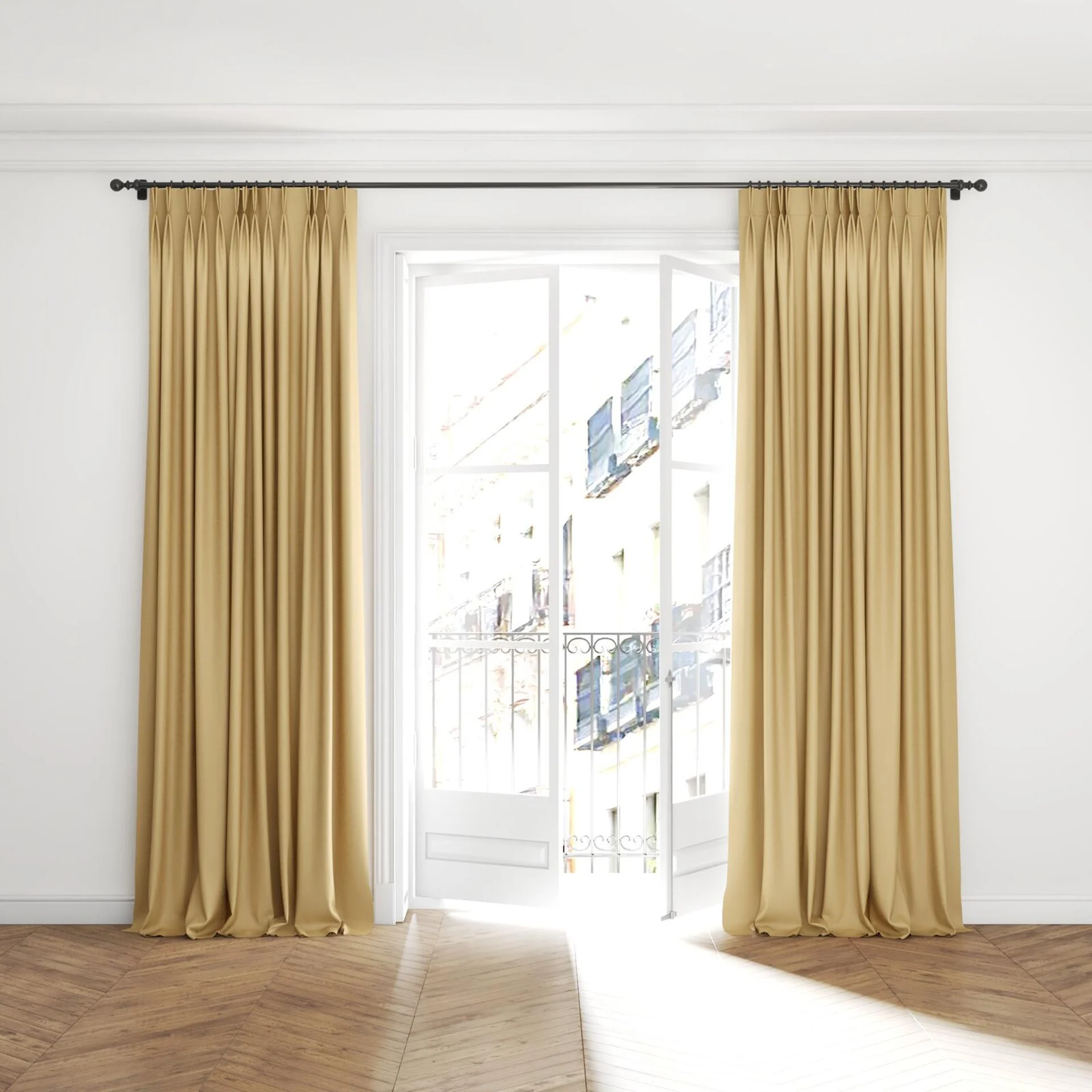 Full view of Brugge Butterscotch, puddled with pinch pleat, on curtain rod