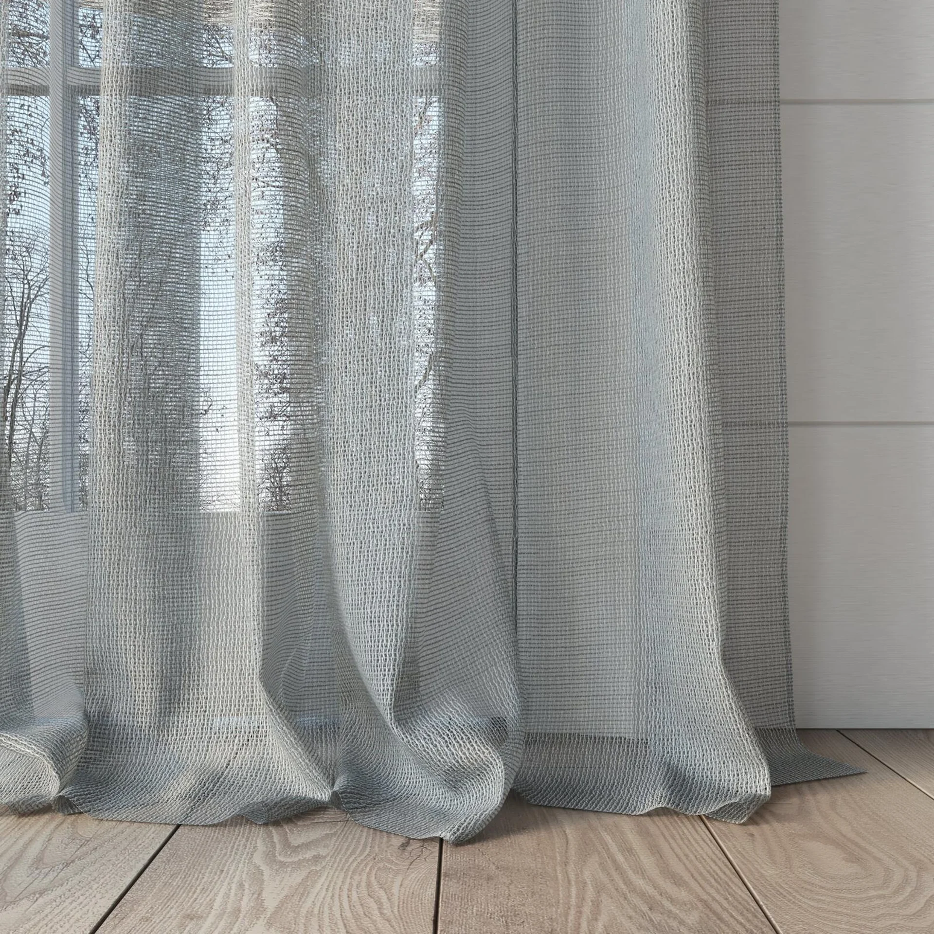 Bottom view of Radiant Mist, puddled, on curtain rod