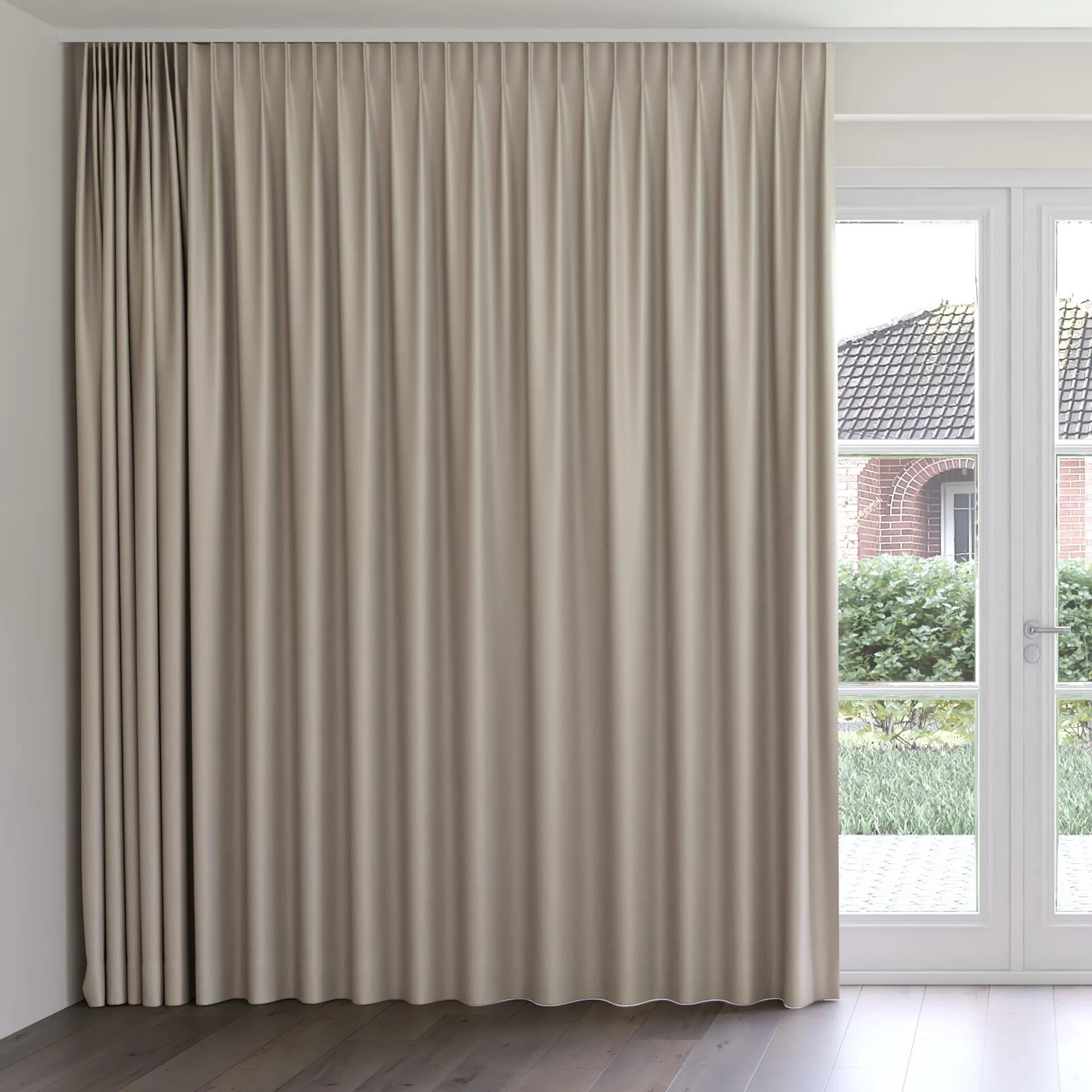 Front view of Stellar Blackout Bronze, on curtain rail