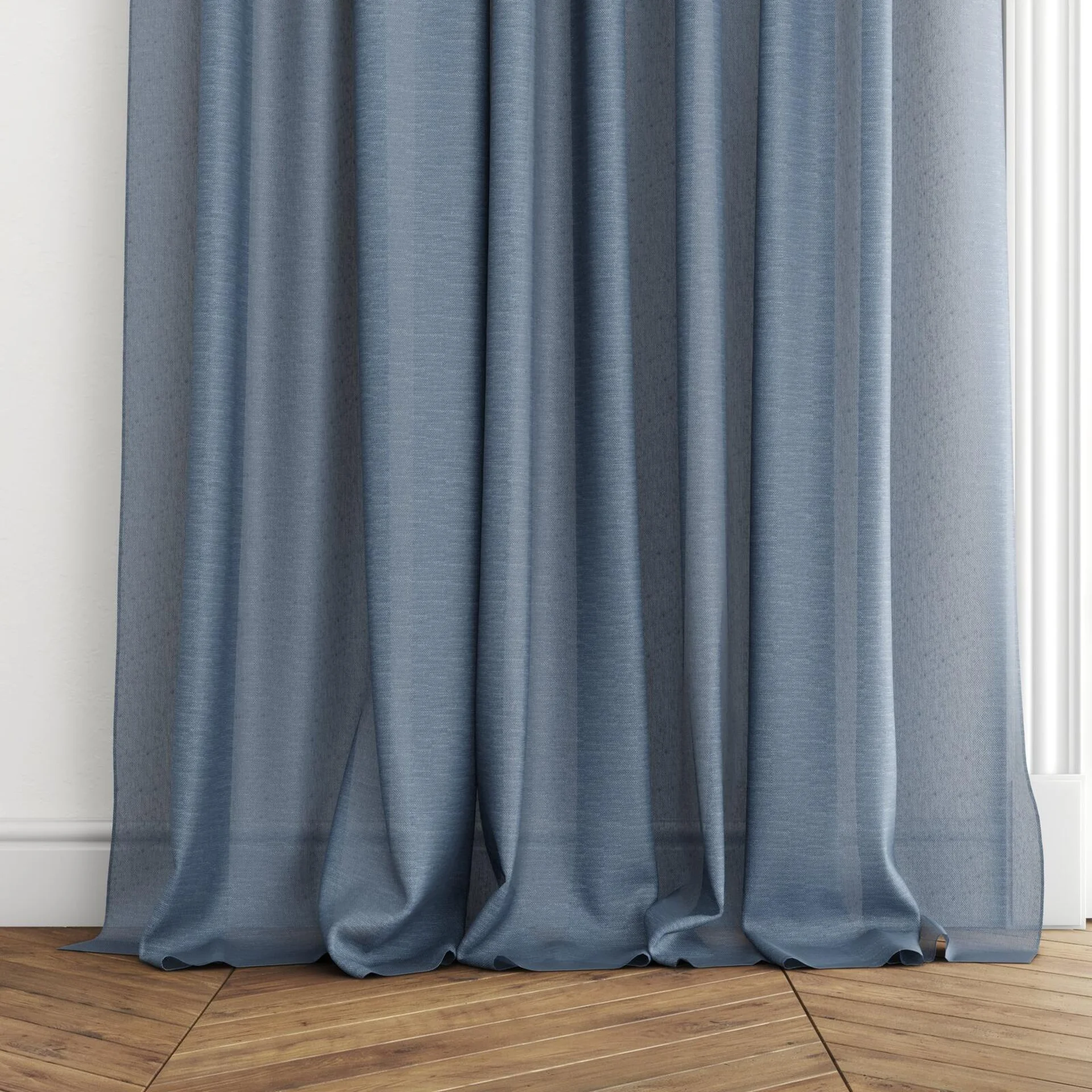 Bottom view of Alcova Denim, puddled with pinch pleat, on curtain rod