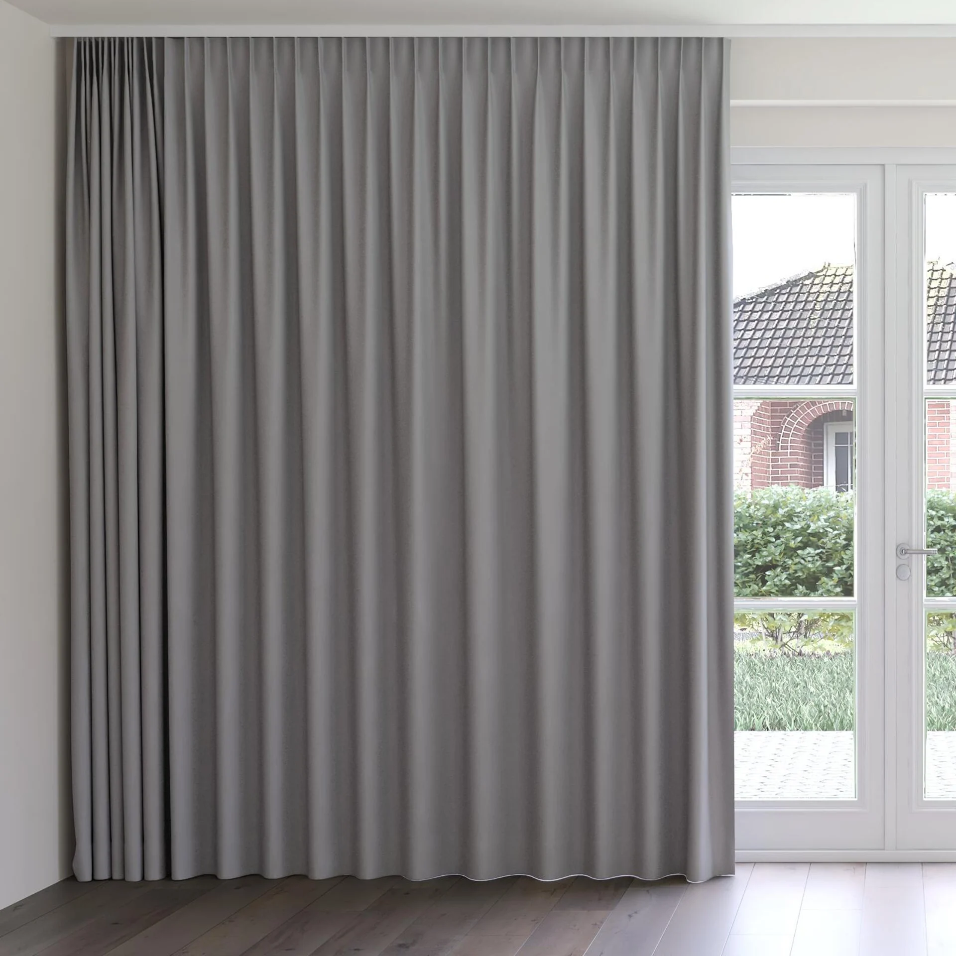 Front view of Oakley FR Charcoal, on curtain rail