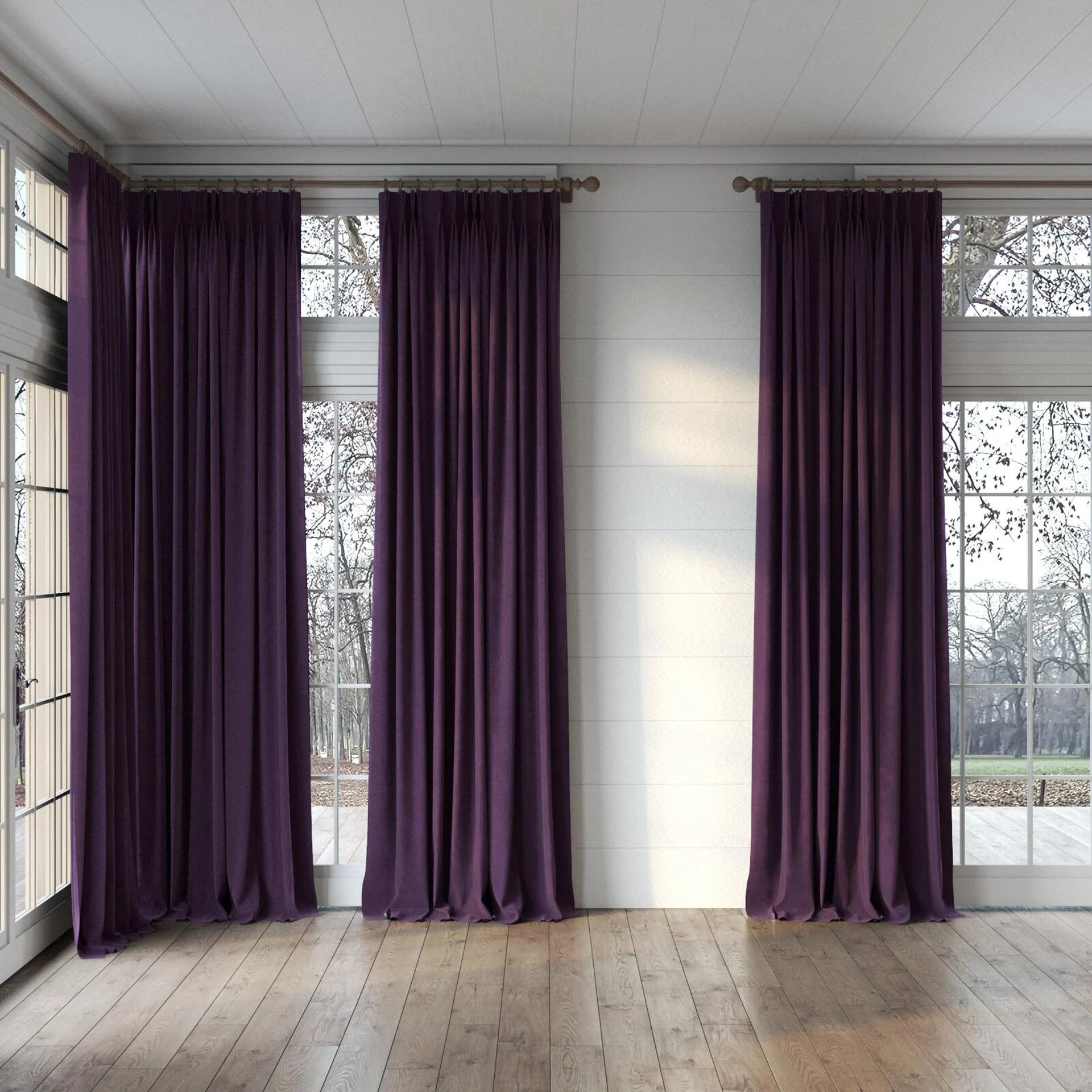 Full view of Lux Velvet Aubergine 8612, puddled, on curtain rod