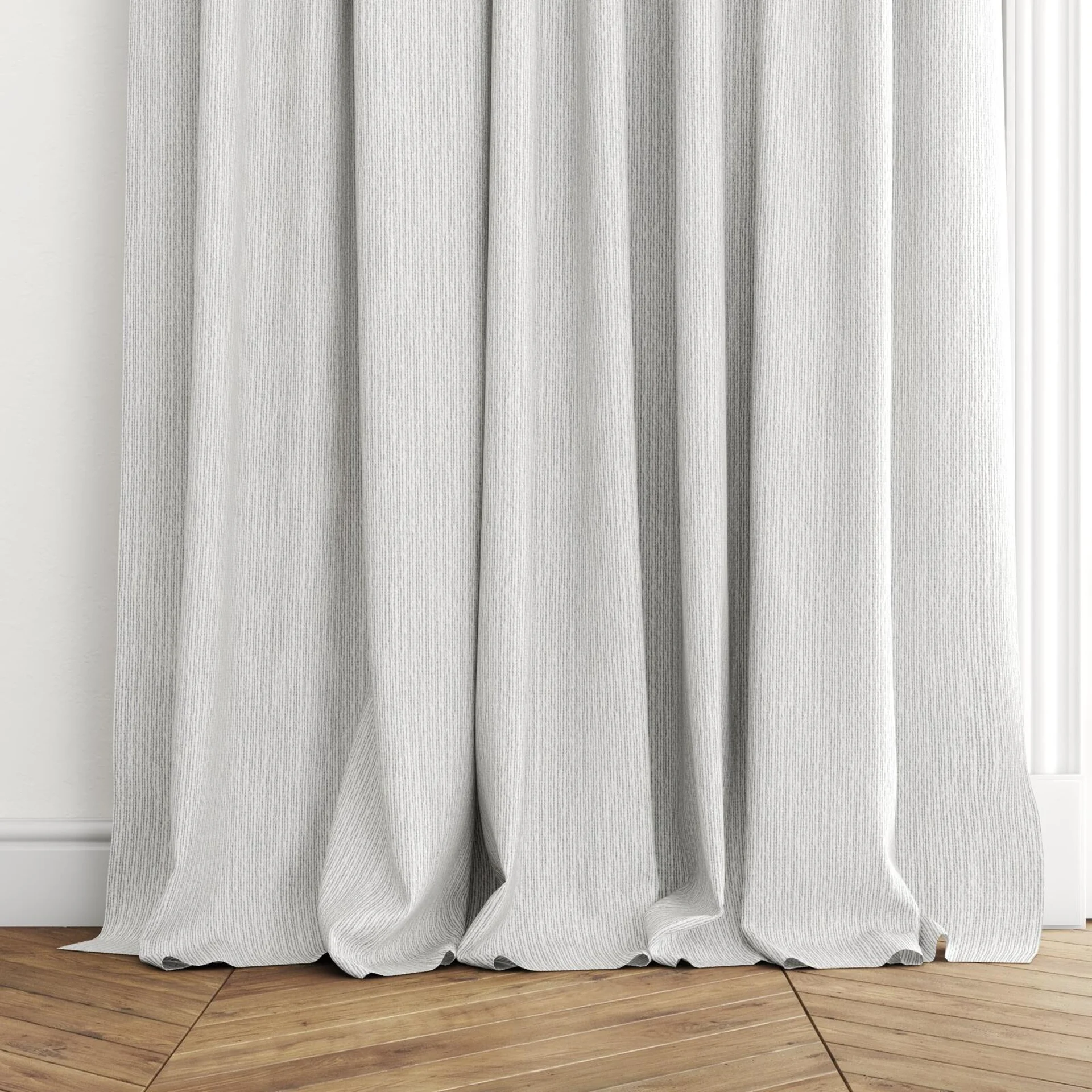 Bottom view of Semblance Angora, puddled with pinch pleat, on curtain rod