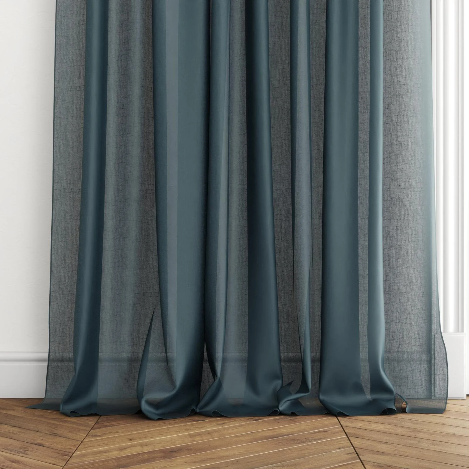 Bottom view of Reverie Lake, puddled with pinch pleat, on curtain rod
