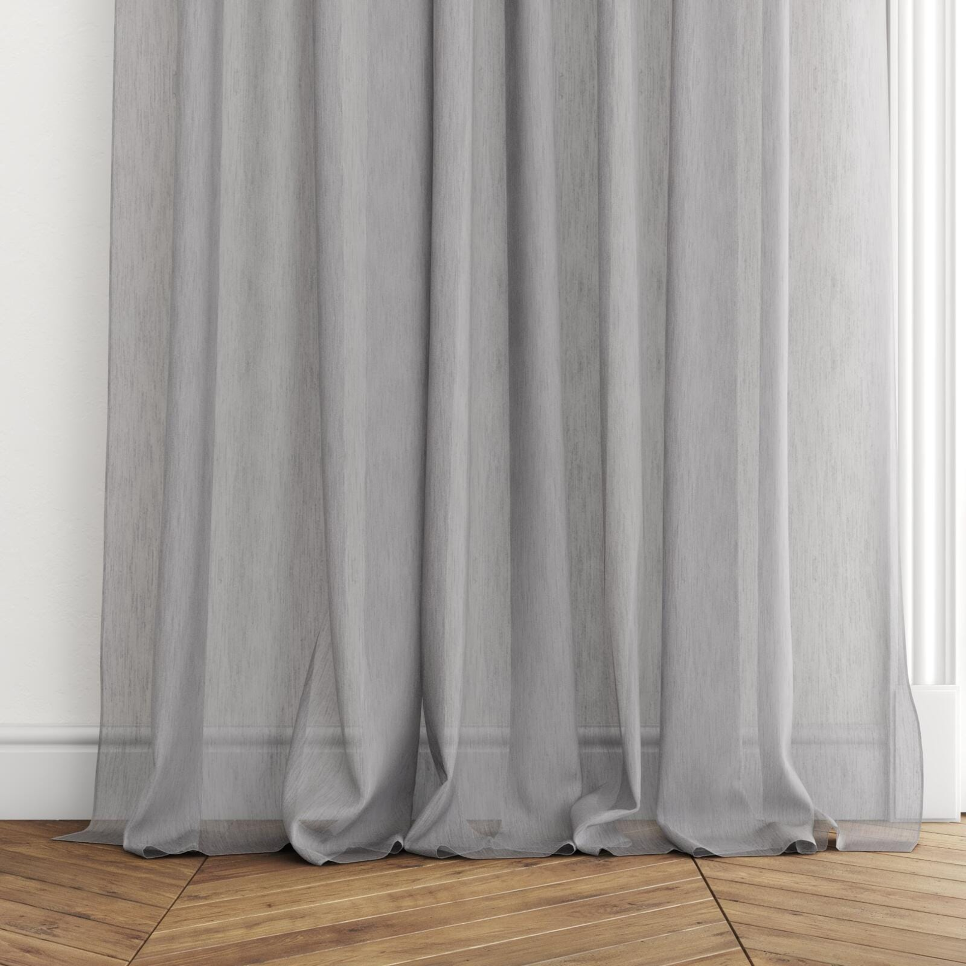 Bottom view of Stratus Slate, puddled with pinch pleat, on curtain rod