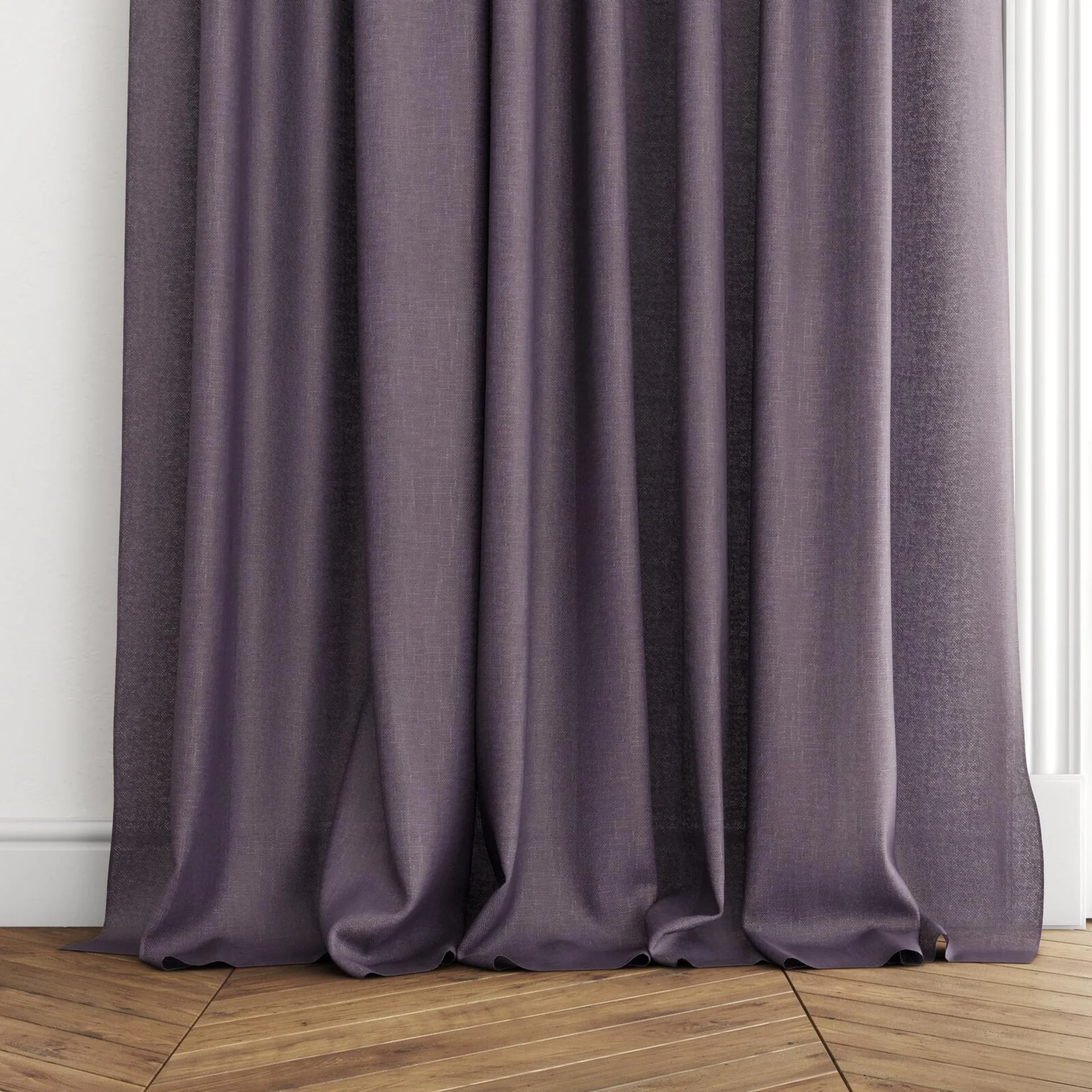 Bottom view of Lucidity Amethyst, puddled with pinch pleat, on curtain rod