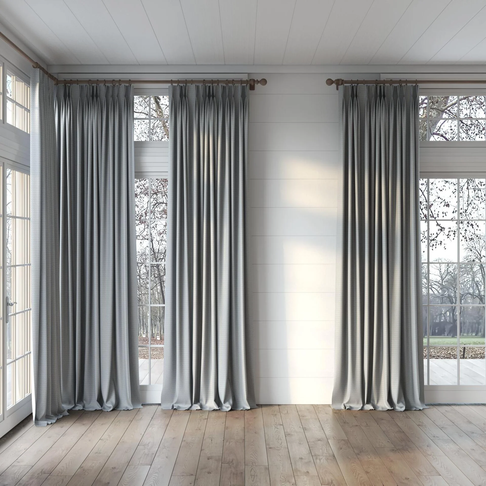 Full view of Emoticon Denim, puddled, on curtain rod