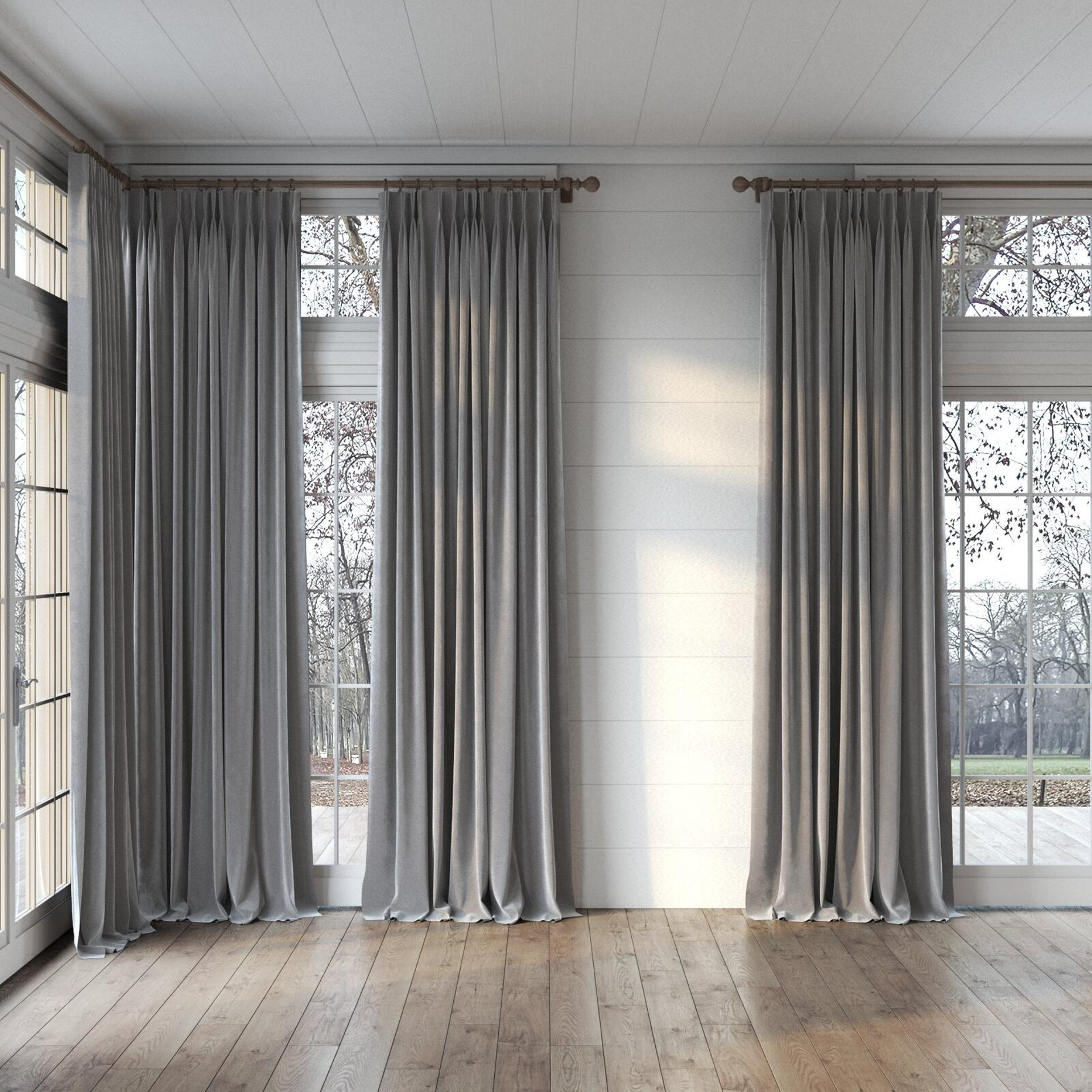 Full view of Vienna Sterling, puddled, on curtain rod