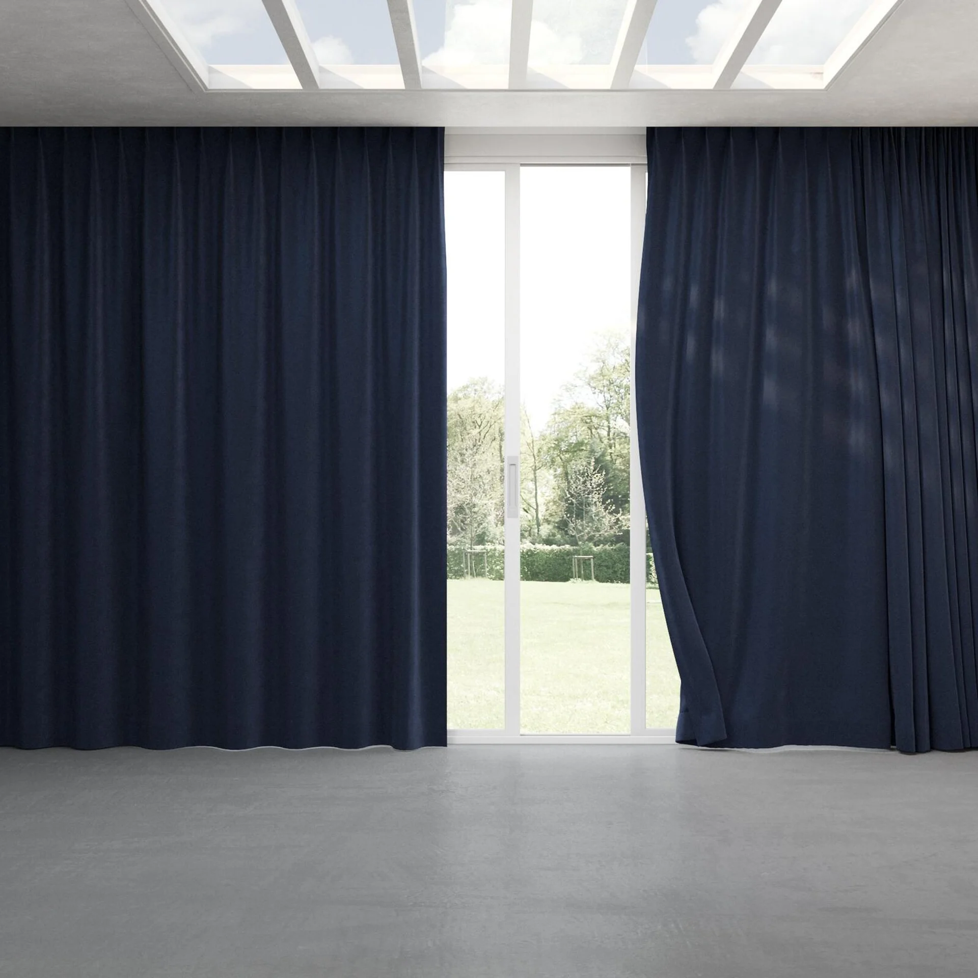 Full view of Velvelux Navy, pinch pleat