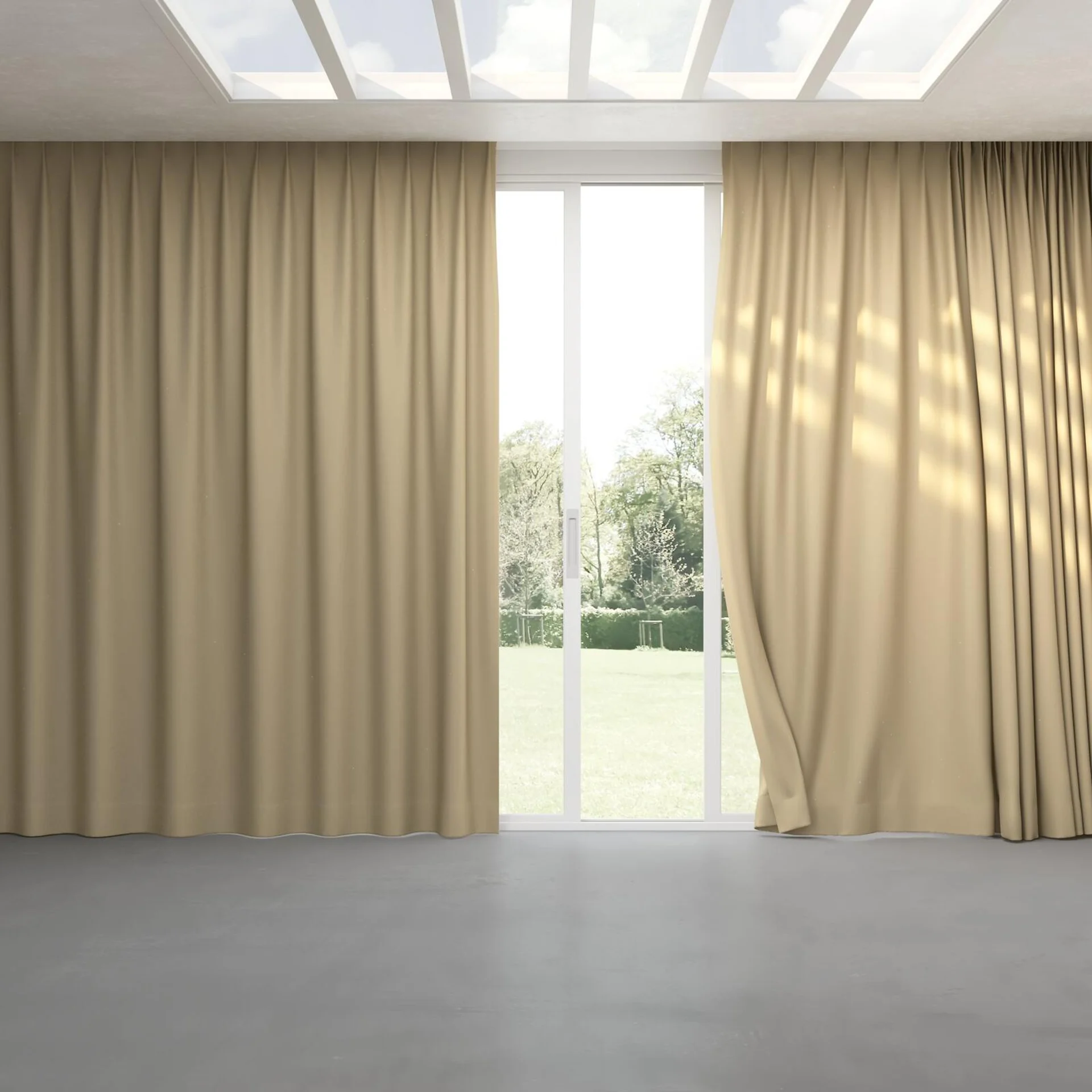 Full view of Duede Straw, pinch pleat