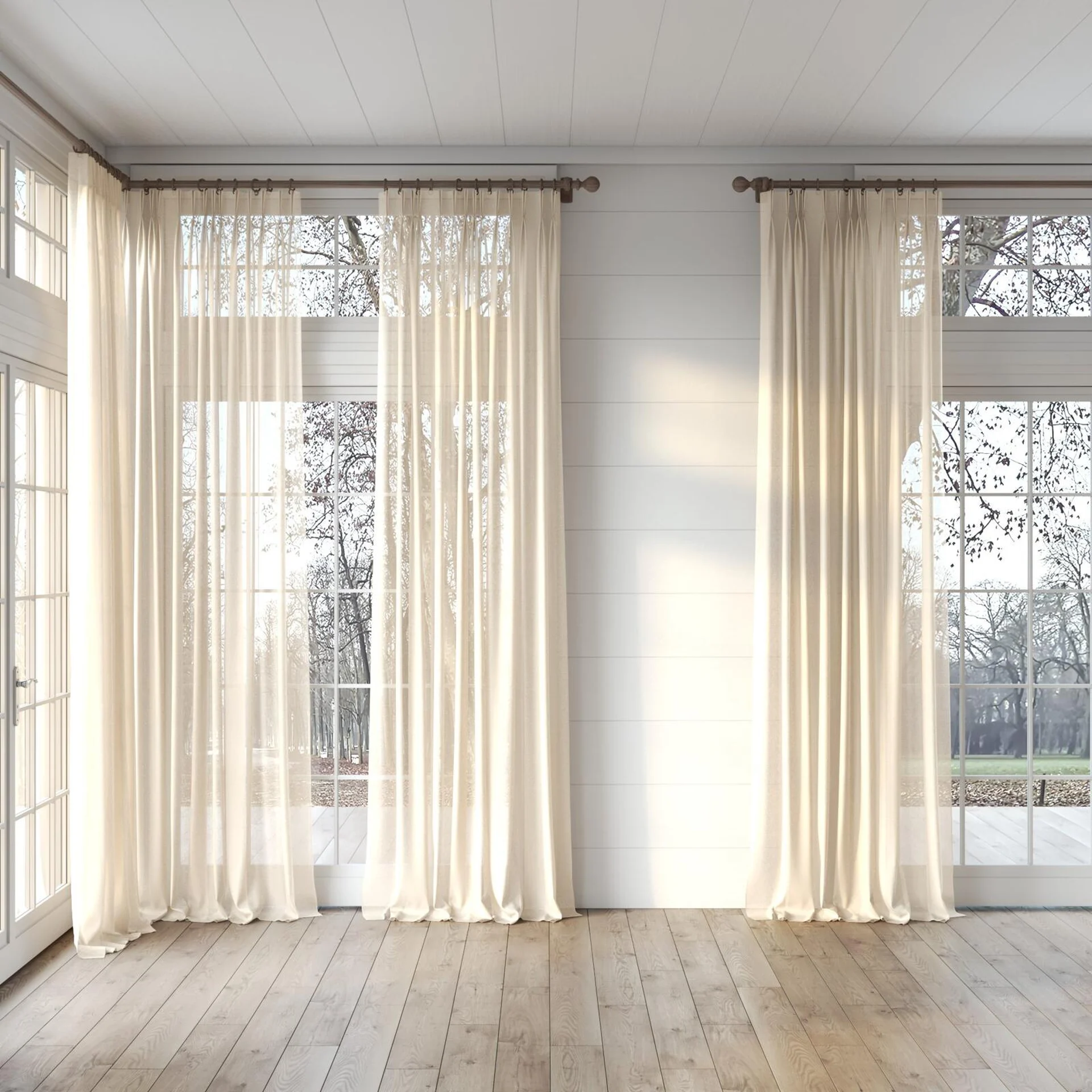 Full view of Alcova Peach, puddled, on curtain rod