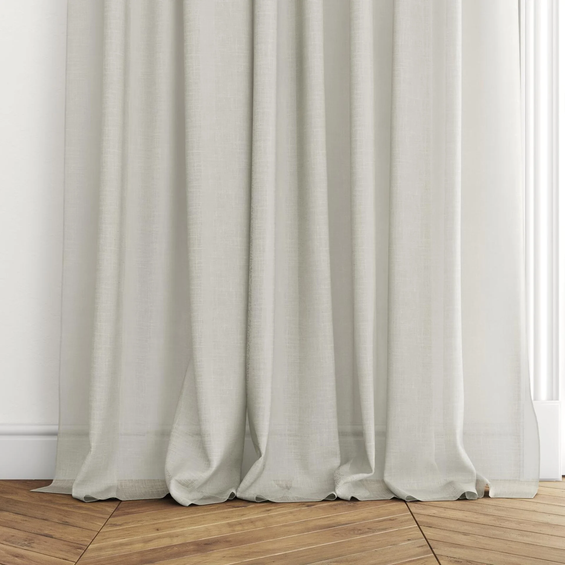 Bottom view of Uno Almond, puddled with pinch pleat, on curtain rod