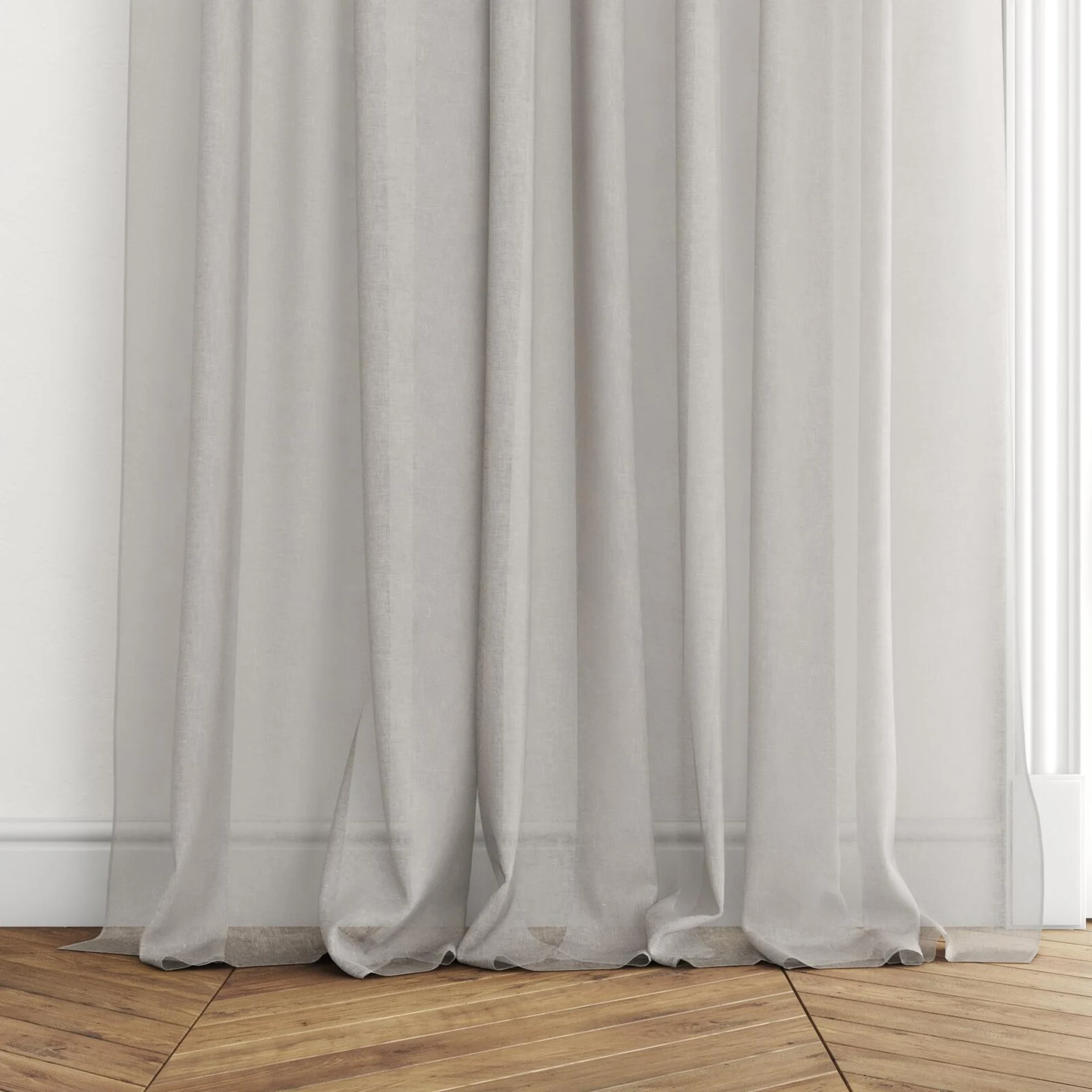 Bottom view of Kanji Oyster, puddled with pinch pleat, on curtain rod