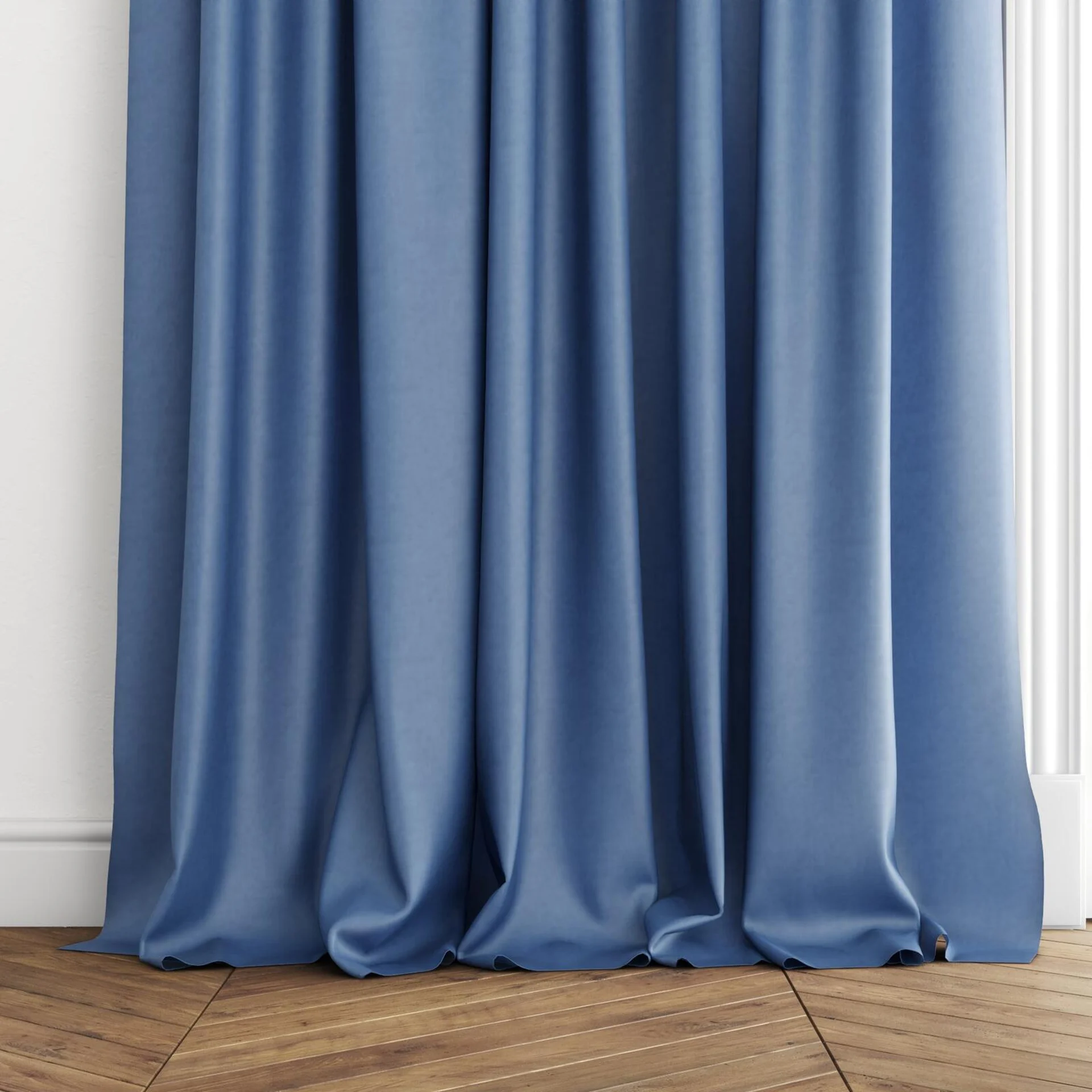 Bottom view of Flo II Denim, puddled with pinch pleat, on curtain rod