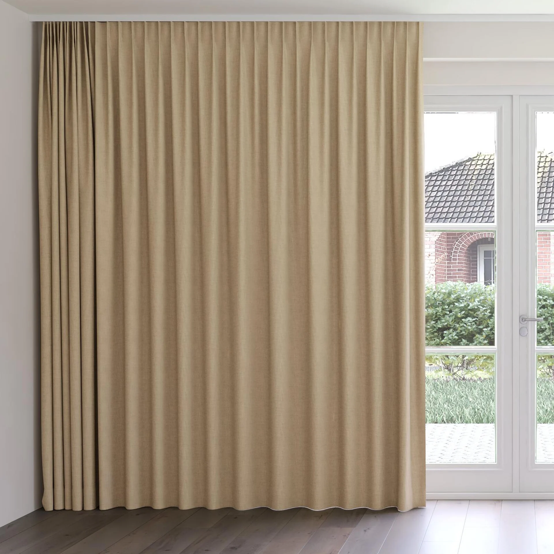 Front view of Mauritius Jute, on curtain rail