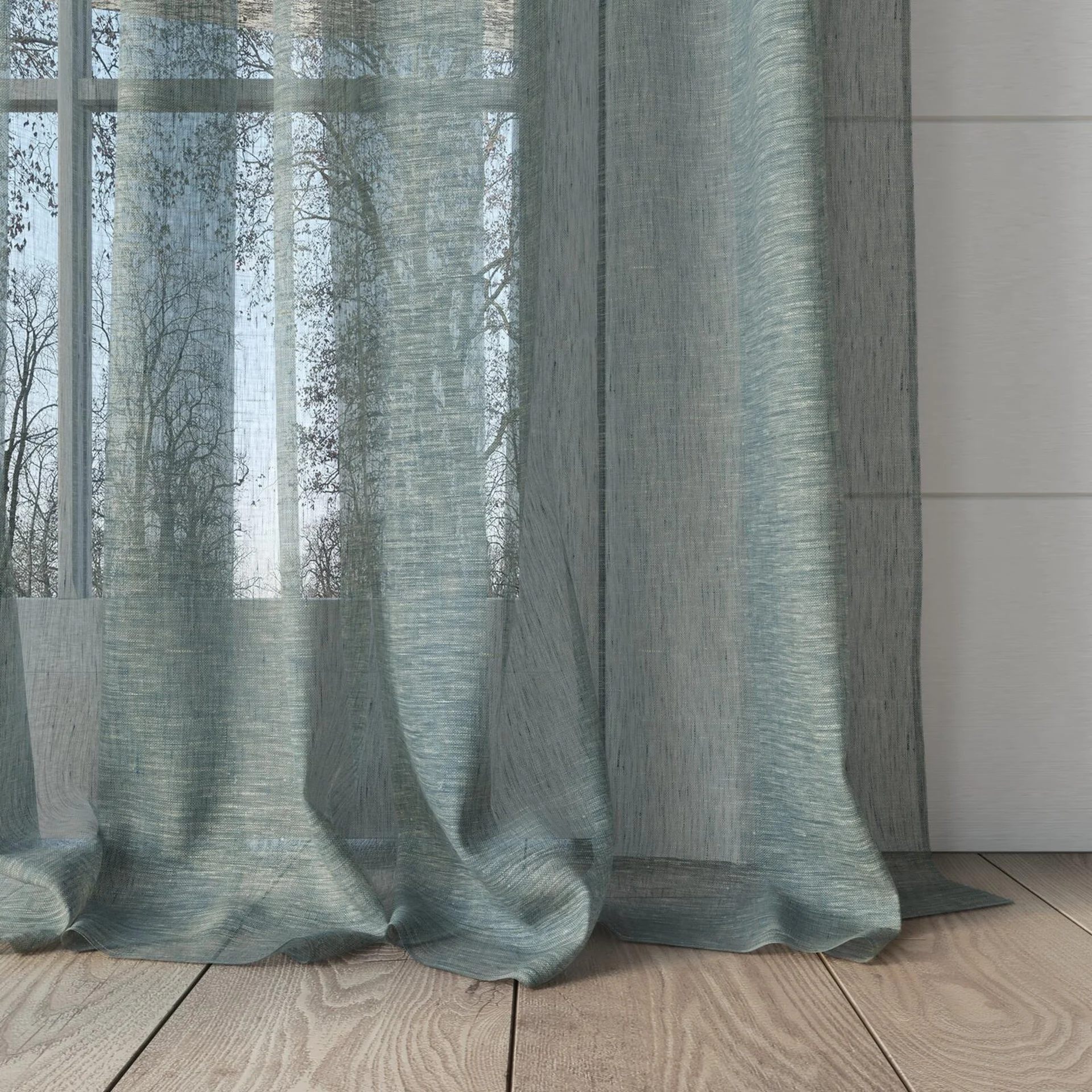Bottom view of Pure Linen Denim, puddled, on curtain rod