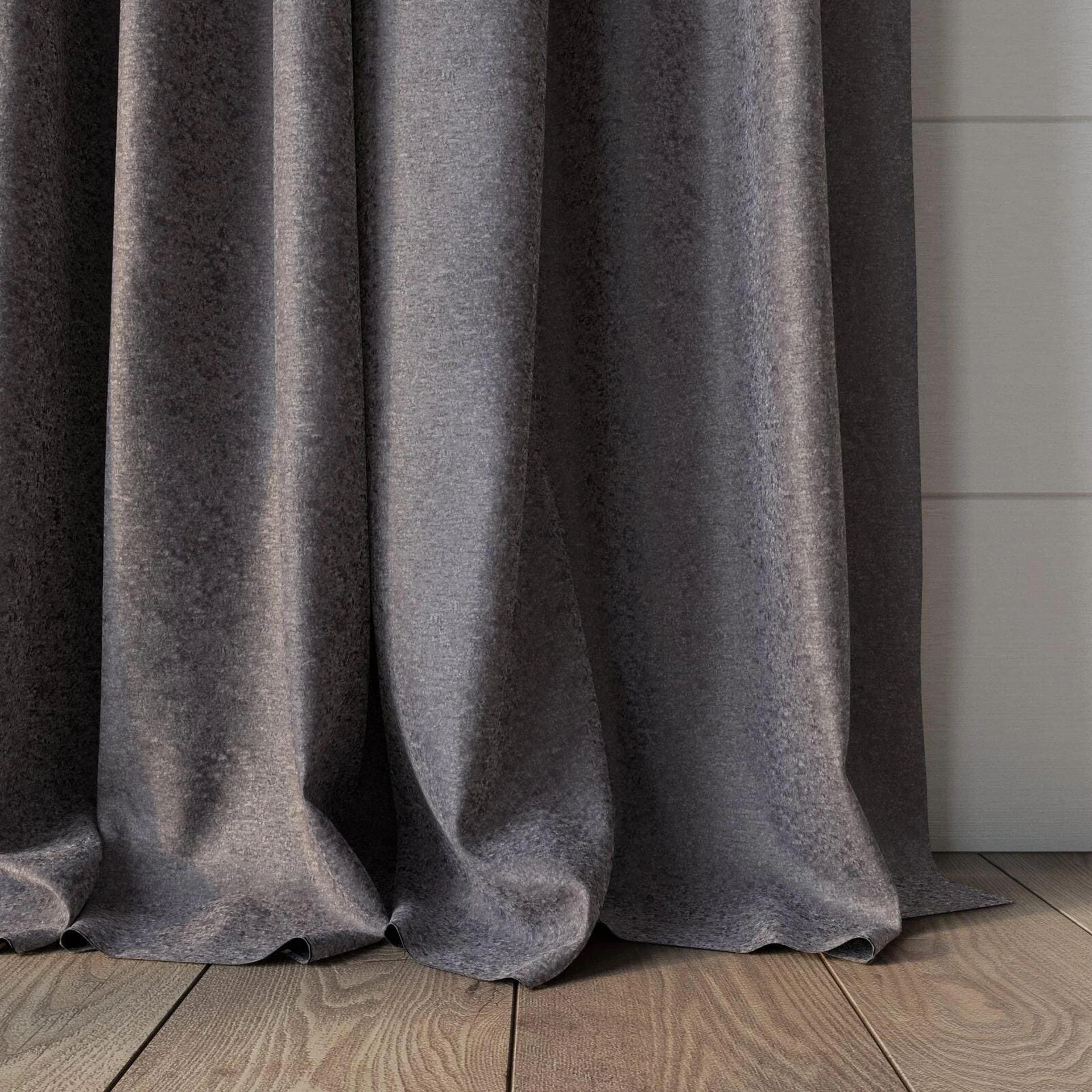 Bottom view of Brigadier Slate, puddled, on curtain rod