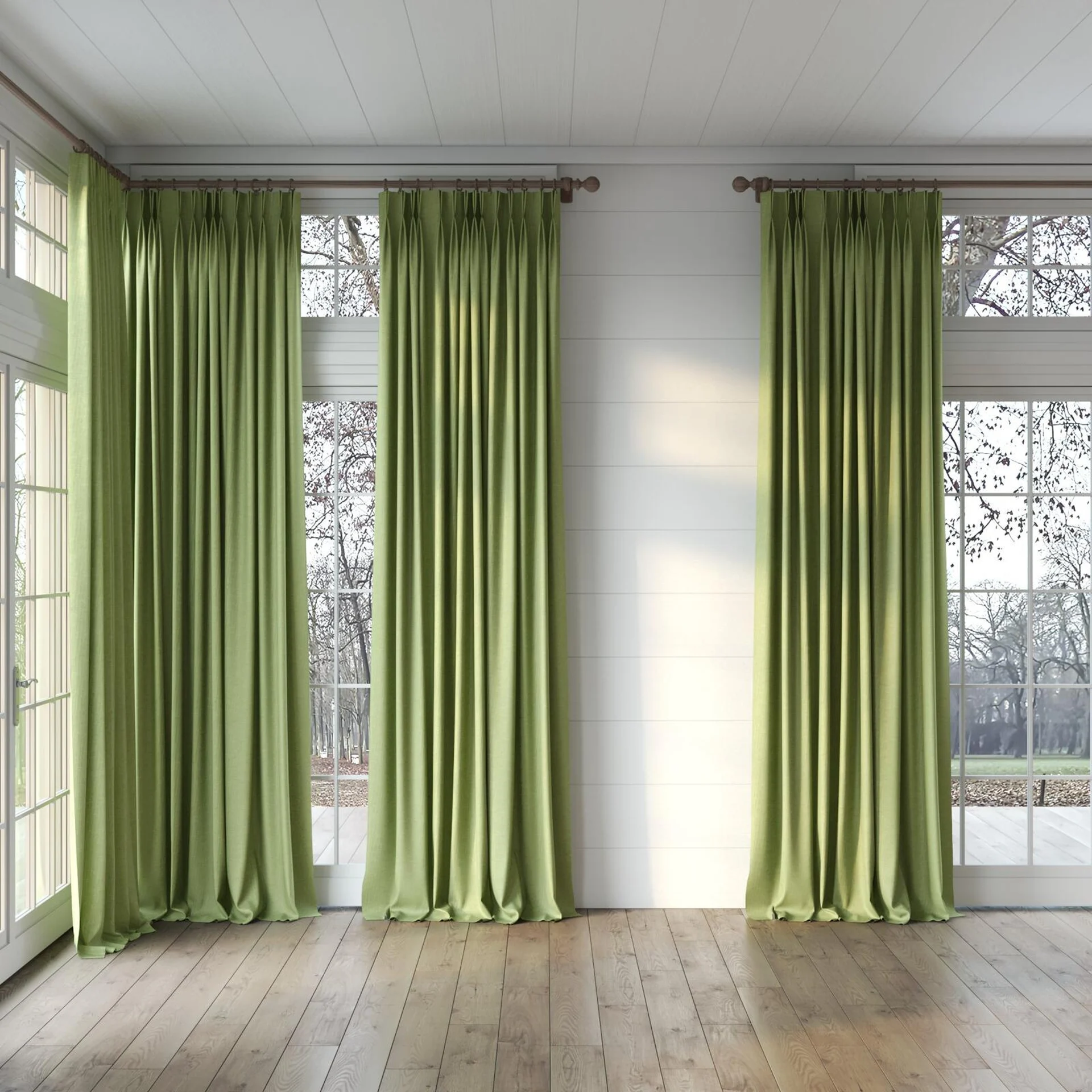 Full view of Casual Palm, puddled, on curtain rod