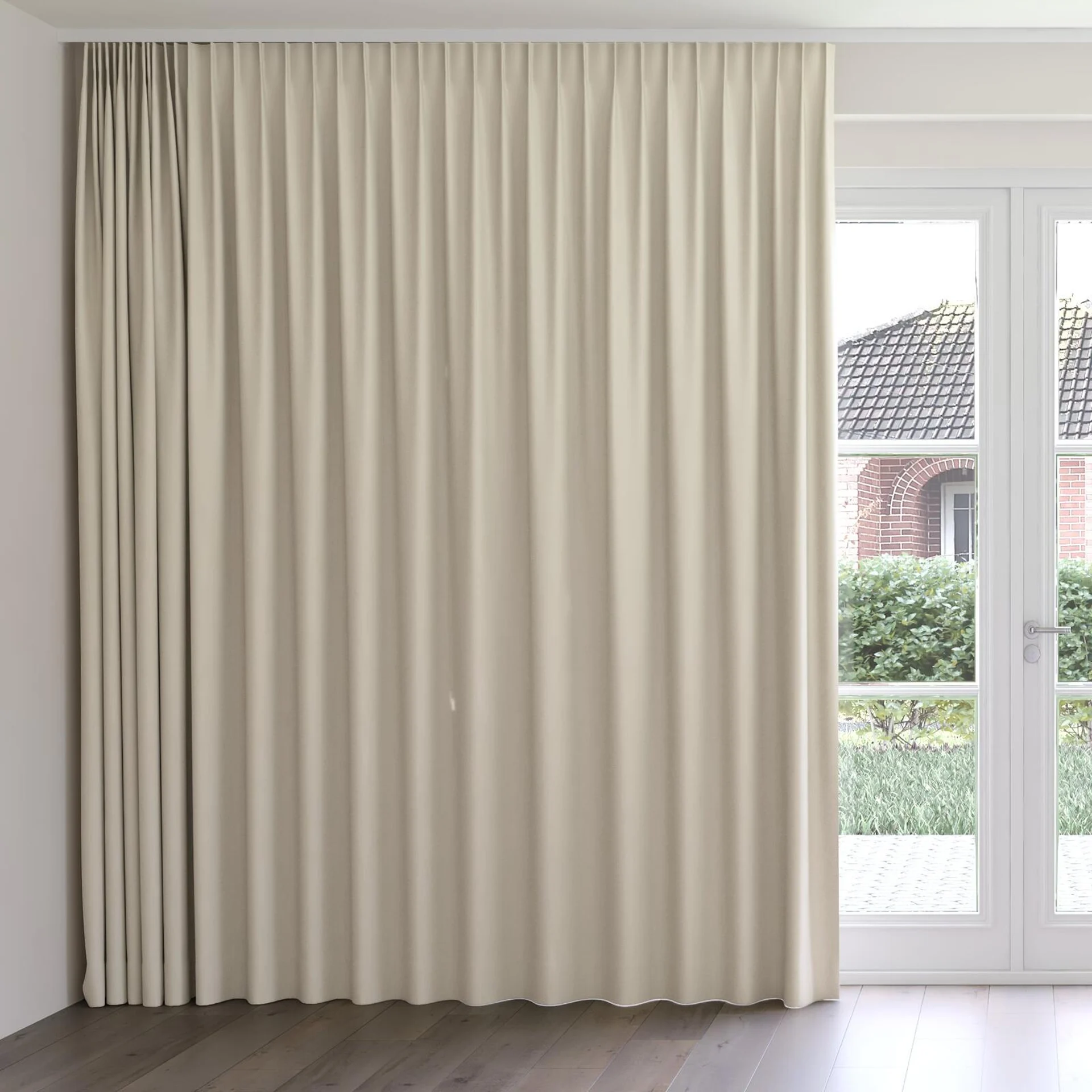 Front view of Darkness Raffia, on curtain rail
