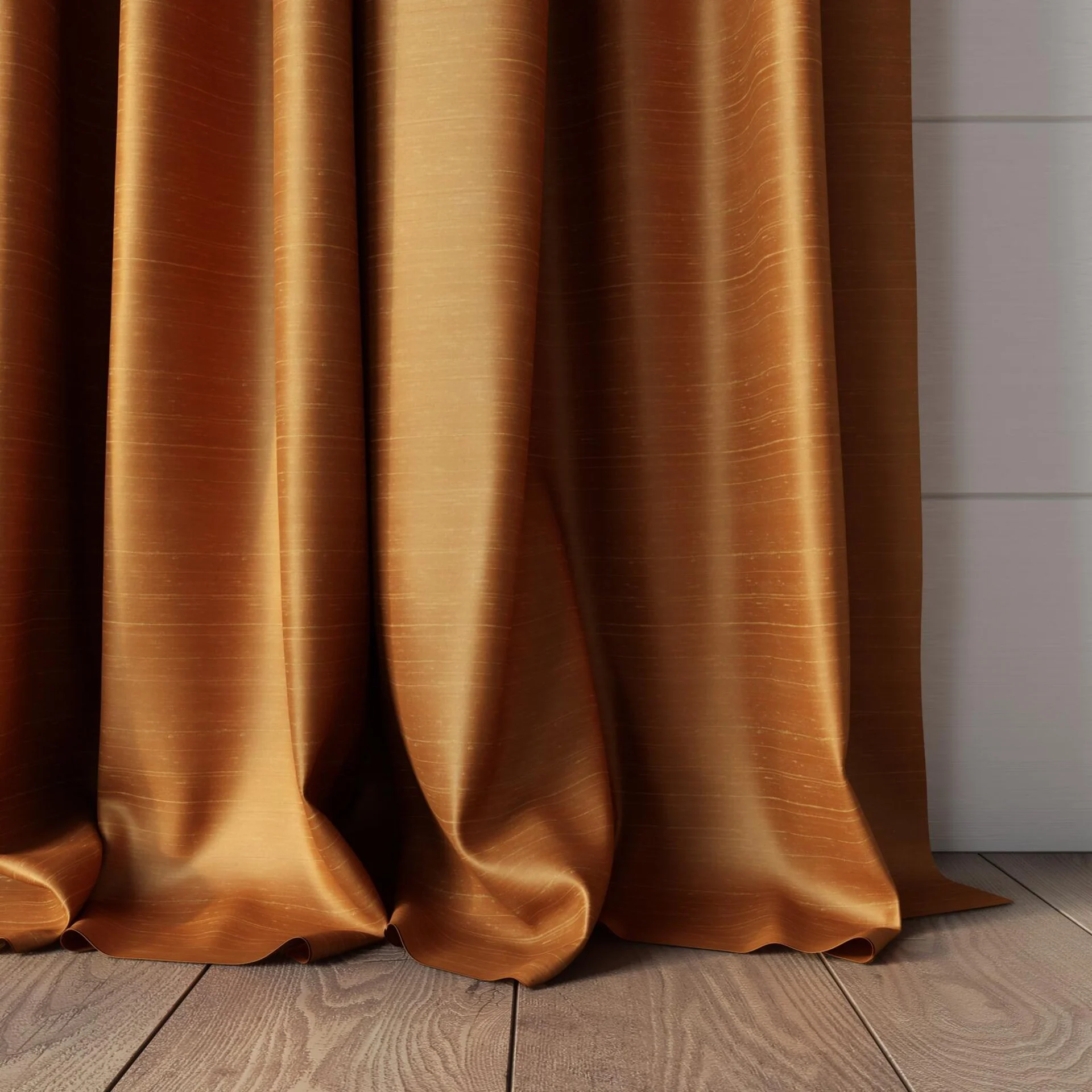 Bottom view of Silky Silky Terracotta, puddled, on curtain rod