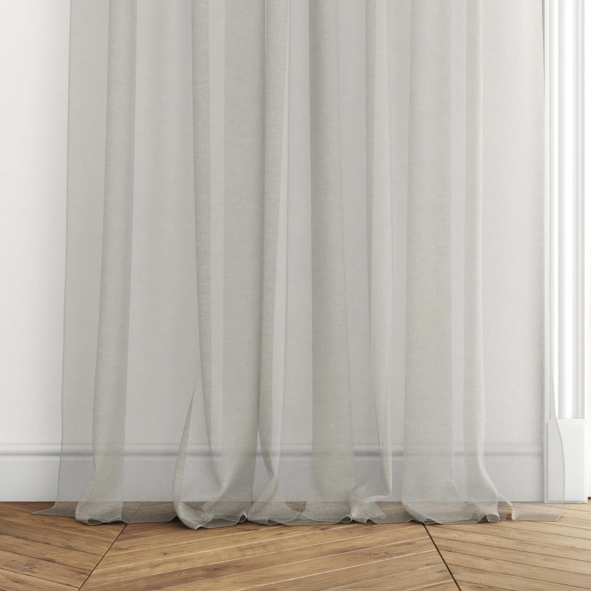 Bottom view of Rhyme Silver, puddled with pinch pleat, on curtain rod
