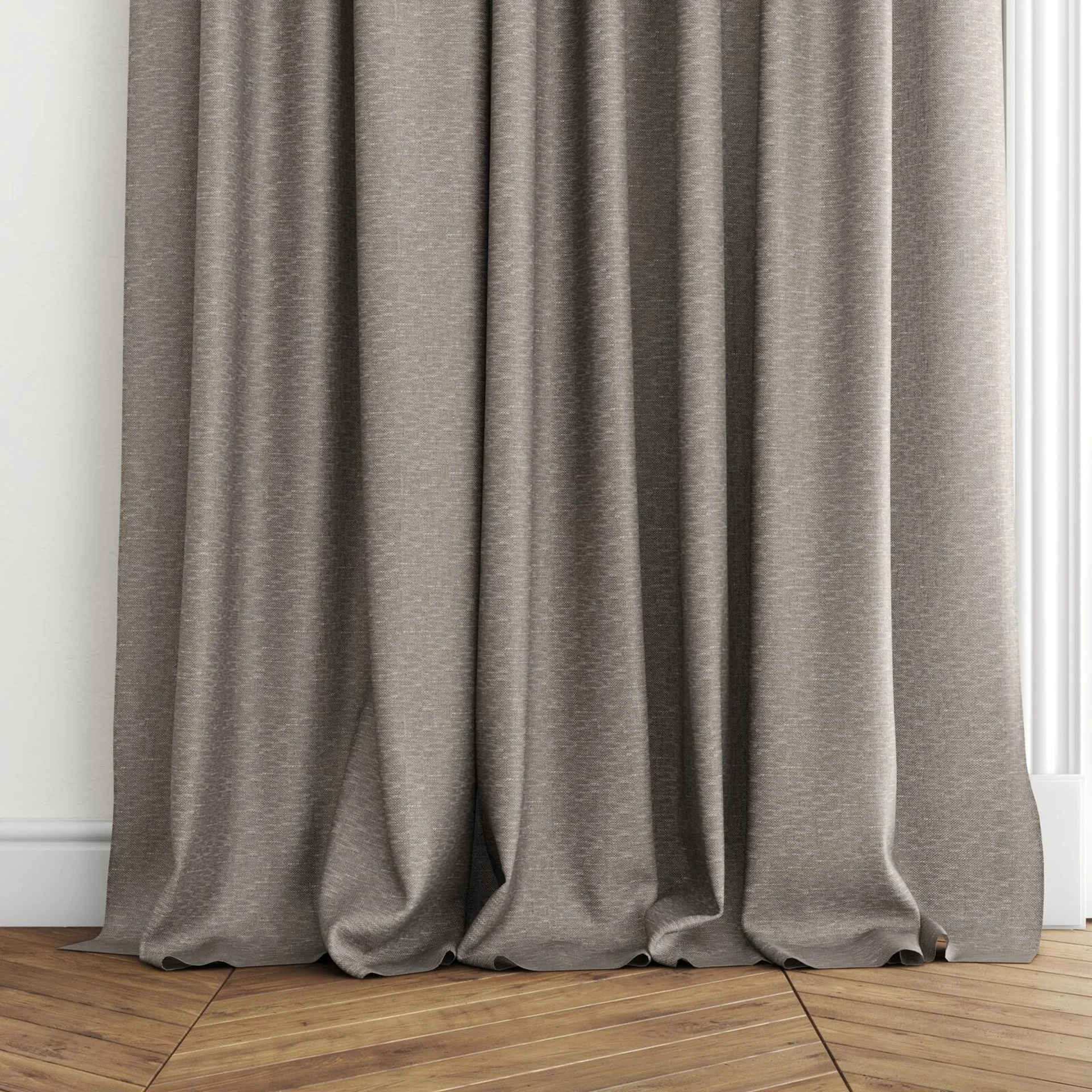 Bottom view of Sensation Wood, puddled with pinch pleat, on curtain rod
