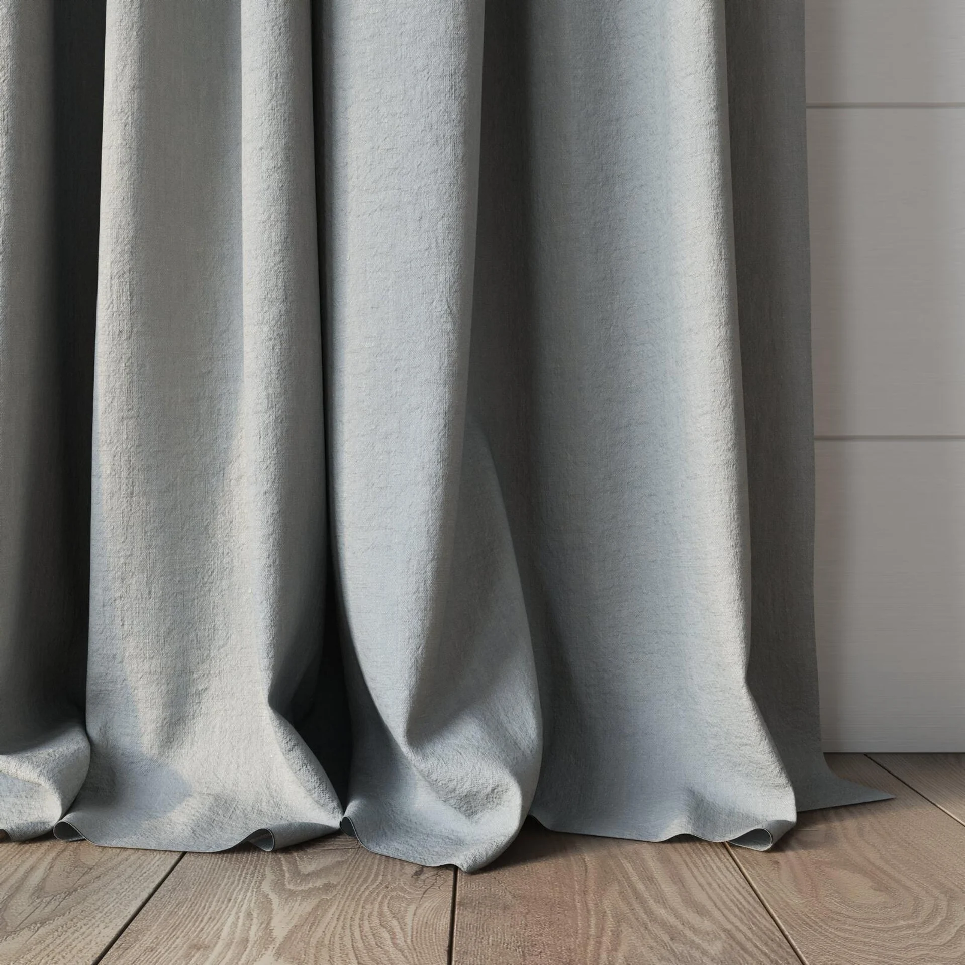 Bottom view of Obi Stonewash Cloud, puddled, on curtain rod