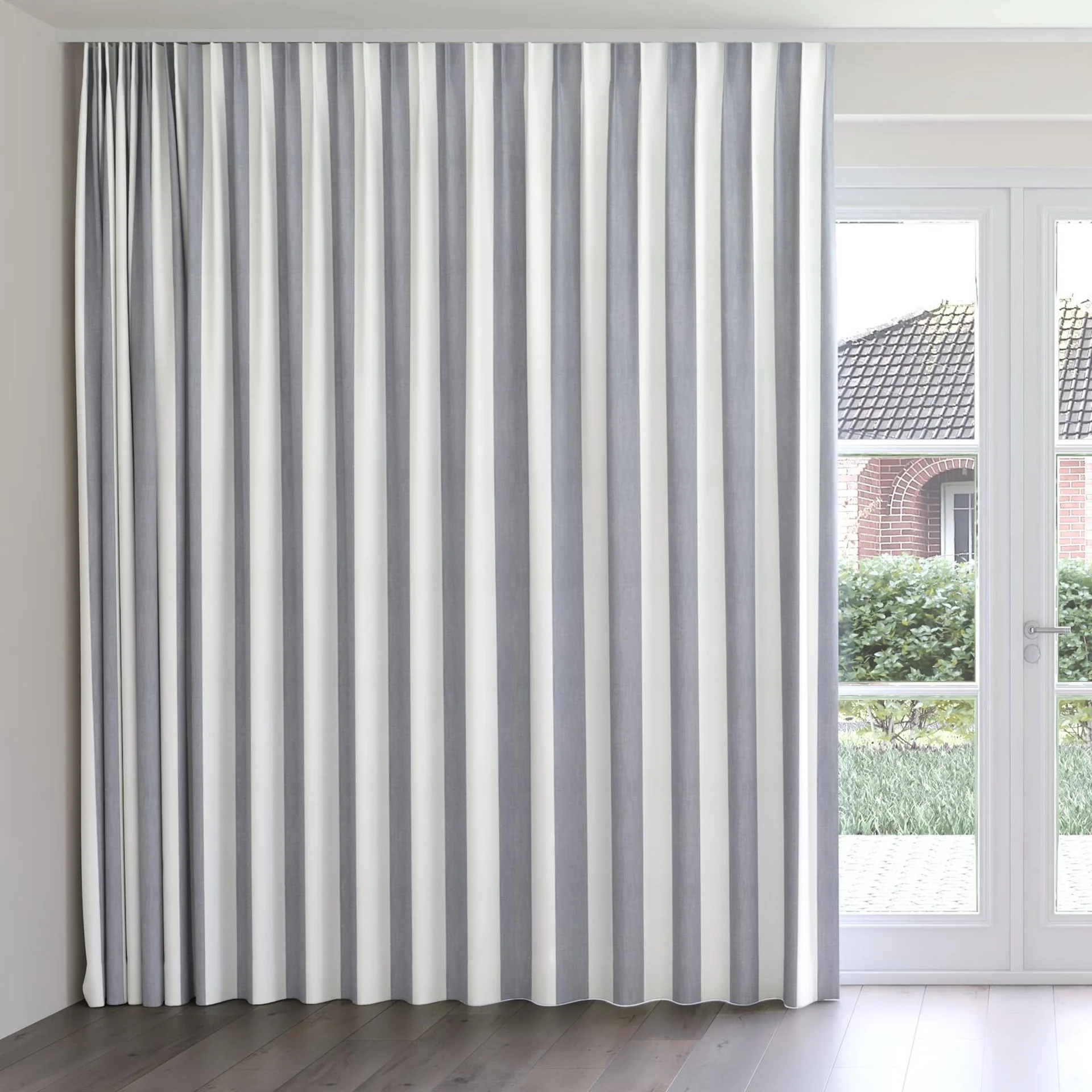 Front view of Chambray Bold Denim, on curtain rail