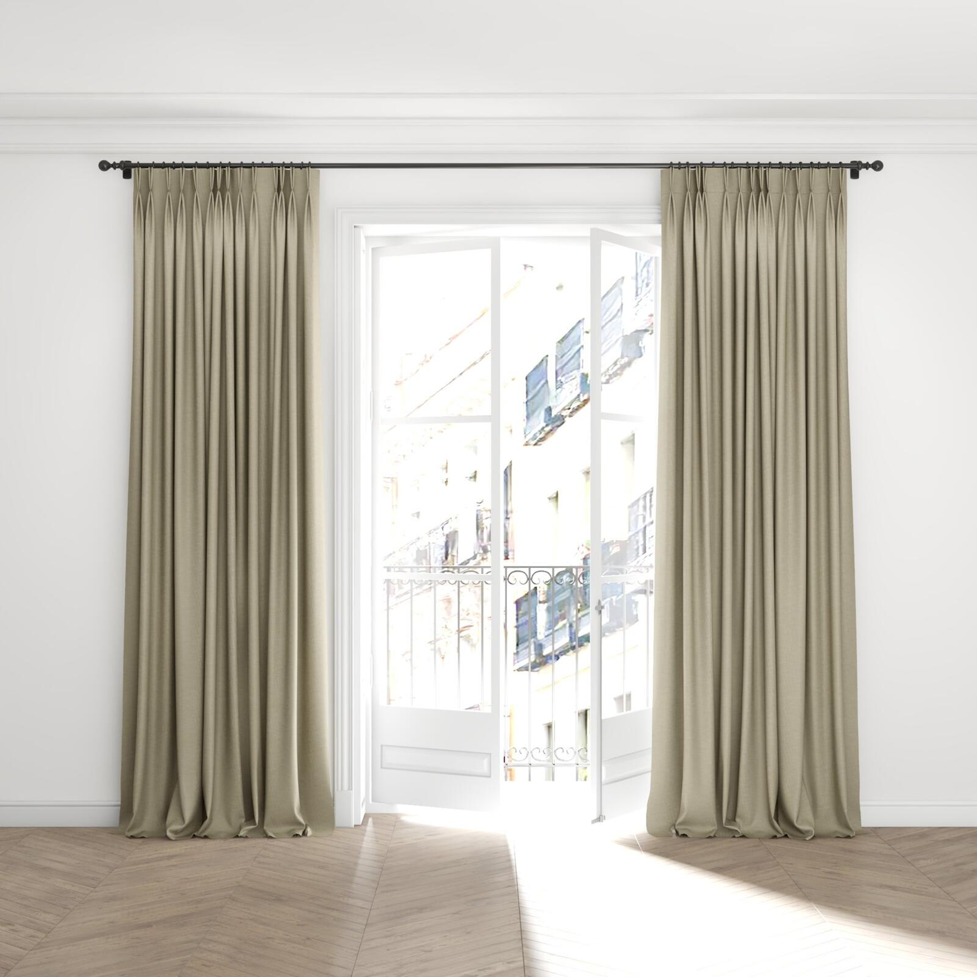 Full view of Casual Cement, puddled with pinch pleat, on curtain rod